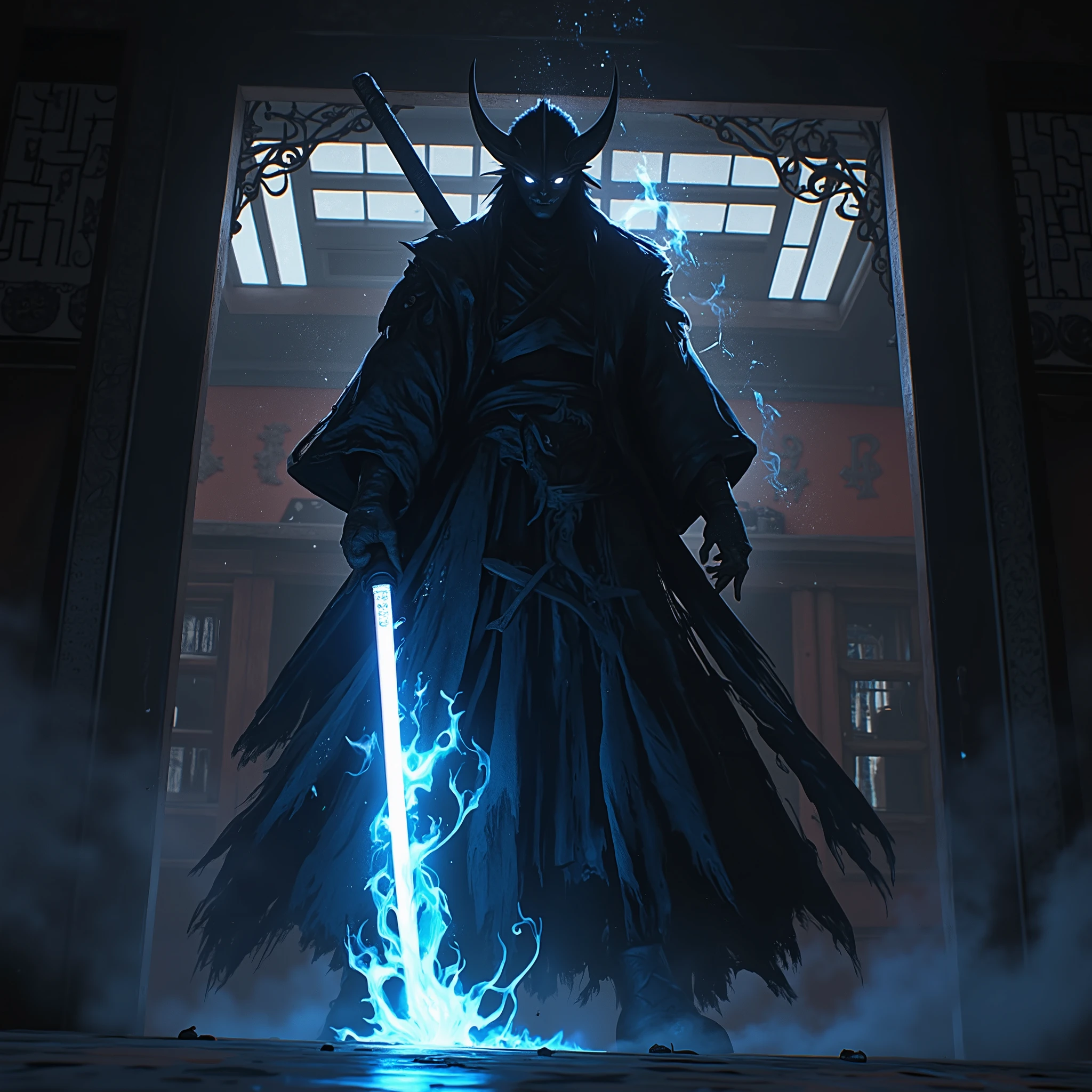 Onimusha in silhouette.from below , low angle、Combat Stance、 dynamic composition、 active angle、bluish-white flame,Onimusha with pale flames clinging to him. Inside the mansion. Onimusha holding a sword in a fighting posture. ((Sword glowing spiritually)).hkwarrior 、Inside a Japanese-style mansion ,Japanese style haunted house