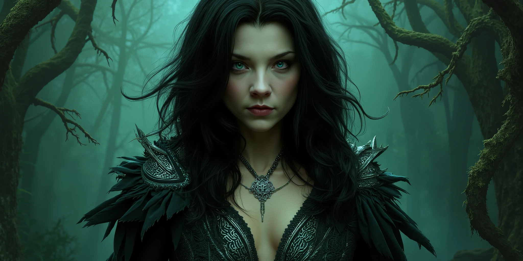 In the captivating portrait of Morrigan from Dragon Age, she stands at the center of the composition, exuding a blend of seduction and power. Her piercing green eyes draw the viewer in, framed by thick, dark lashes and a hint of smoky makeup that accentuates her enigmatic allure. Flowing dark hair cascades around her shoulders, with a few strands catching the light, creating a sense of movement. Morrigan's intricate costume features layers of rich, dark fabrics adorned with ornate silver embellishments and mystical runes, hinting at her witchcraft. The background is a shadowy forest, with twisted trees and ethereal wisps of fog that enhance the dark fantasy atmosphere. Soft, atmospheric lighting highlights her features, casting dramatic shadows that evoke a sense of danger and intrigue. The overall color palette is deep and moody, with shades of green, black, and silver, contributing to the mystical aura. The painting style is hyper-realistic, showcasing meticulous attention to detail, particularly in the textures of her clothing and the natural elements surrounding her. The perspective is slightly low, empowering Morrigan and emphasizing her dominance in the scene. Keywords: dark fantasy, character portrait, hyper-realistic, atmospheric lighting, intricate costume, mystical runes, shadowy forest, seductive, powerful, dramatic shadows, ethereal fog, rich color palette, high level of artistry, 8k resolution.