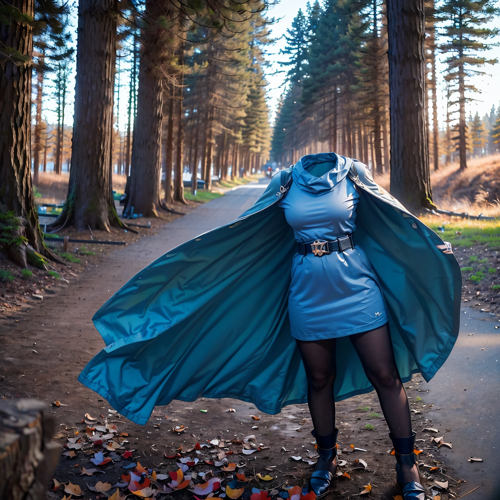 (8k, RAW photo, best quality, masterpiece:1.2), (realistic, photo-realistic:1.37), photon mapping, radiosity, ((Hasselblad photography)), physically-based rendering, (invisible, no humans, headless, faceless:1.5), yellow dress, cape, pantyhose, gloves, belt, jewelry, (close-up shot of breast), in forest