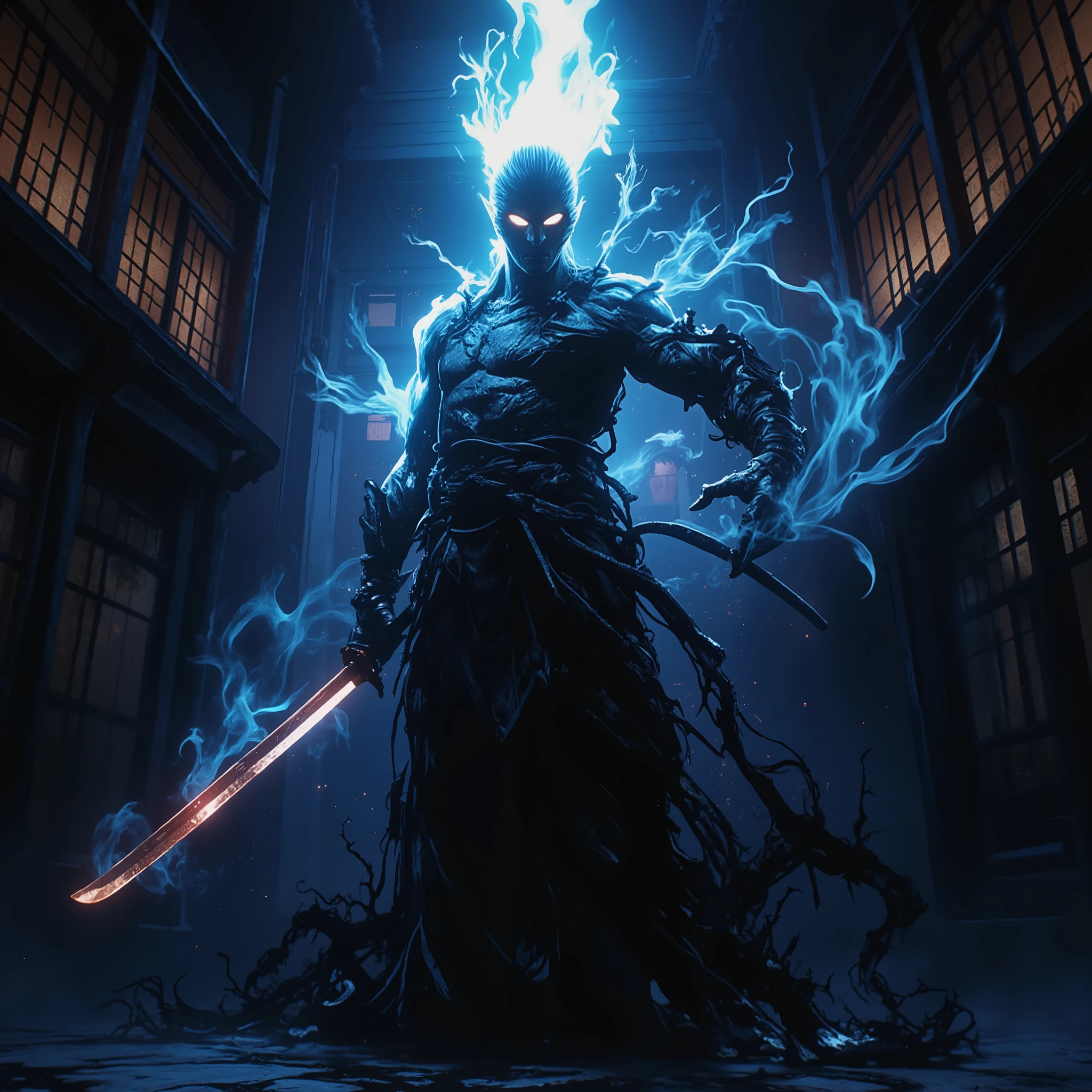 Onimusha in silhouette.from below , low angle、Combat Stance、 dynamic composition、 active angle、bluish-white flame,Onimusha with pale flames clinging to him. Inside the mansion. Onimusha holding a sword in a fighting posture. ((Sword glowing spiritually)).hkwarrior 、Inside a Japanese-style mansion ,Japanese style haunted house