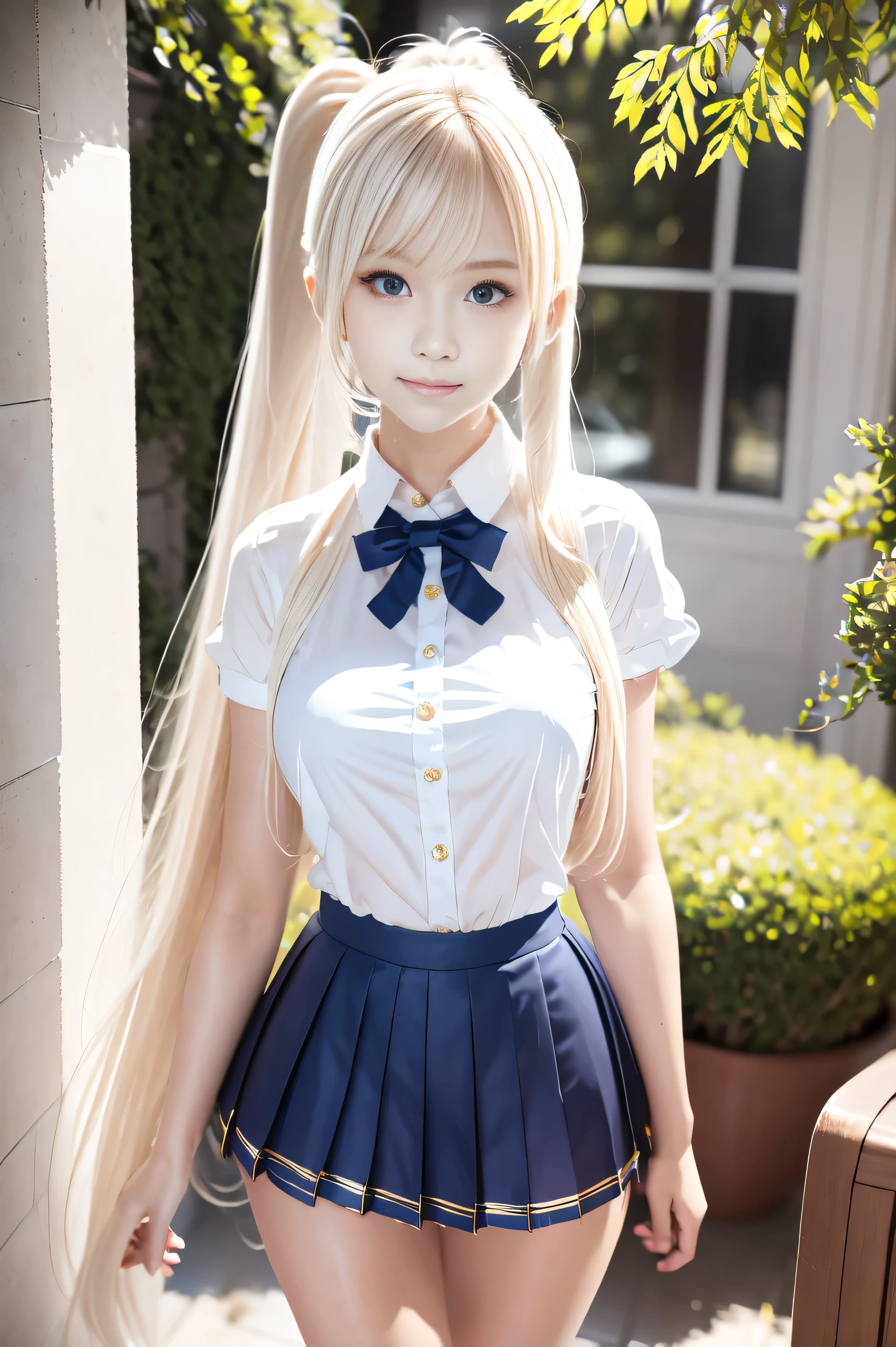 bright expression、poneyTail、Young shiny shiny white shiny skin、Best Looks、Blonde reflected light、Platinum blonde hair with dazzling highlights、shiny light hair,、Super long silky straight hair、Beautiful bangs that shine、Glowing crystal clear attractive big blue eyes、Very beautiful nice cute 16 year old girl、Lush bust,Beautiful detailed eyes, beautiful detailed nose,(( Full body:1.25)),Makeup that the eyes emphasize、((Pleated skirt with many folds)),Women like Joan of Arc、Knights, With a sword and shield，Royal style，Comic style, , Sub-surface scattering, ornate detail, nature backdrop, Hyper-realistic, Cinematic, Dramatic Lighting, masutepiece、Armor with a wolf motif、((Wolf ears))、