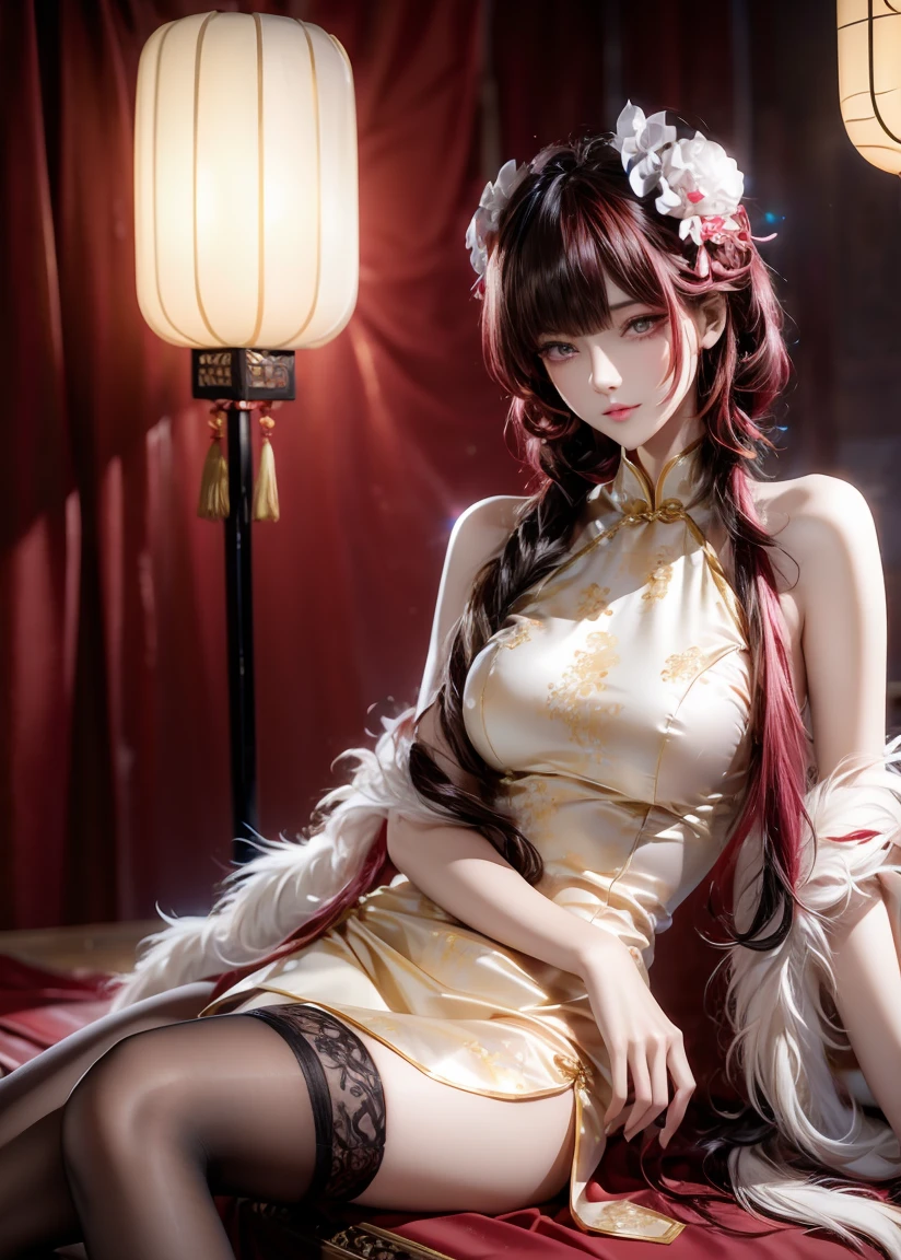 Masterpiece, Best quality, Waterfront, banquet, 1 woman, Mature woman, elegant, Chinese style, Ancient China, sister, Royal Sister, cheerfulness, Meatball heads, Light brown hair, Pink eyes, Gorgeous headdress, Light pink lips, Pink clothes, Yarn-like clothing, Intellectual, Full bangs, Flat bangs, Flower bulbs, Face delicate,updo(Enrich the picture,Masterpiece level quality)Beautiful 8K CG artwork,Goddess-like posture,Kneeling exercise,Slim and soft,Translucent skin,brunette color hair、Medium-long hair and messy hair blend beautifully,The skin is fair and juicy,Big breasts uniform,Perspective Part 1.2x enhanced silhouette effect,Pajamas are delicate and transparent,The details are intricate and exquisite,The background is slightly blurred,Charming and lustful leg seduction,02
