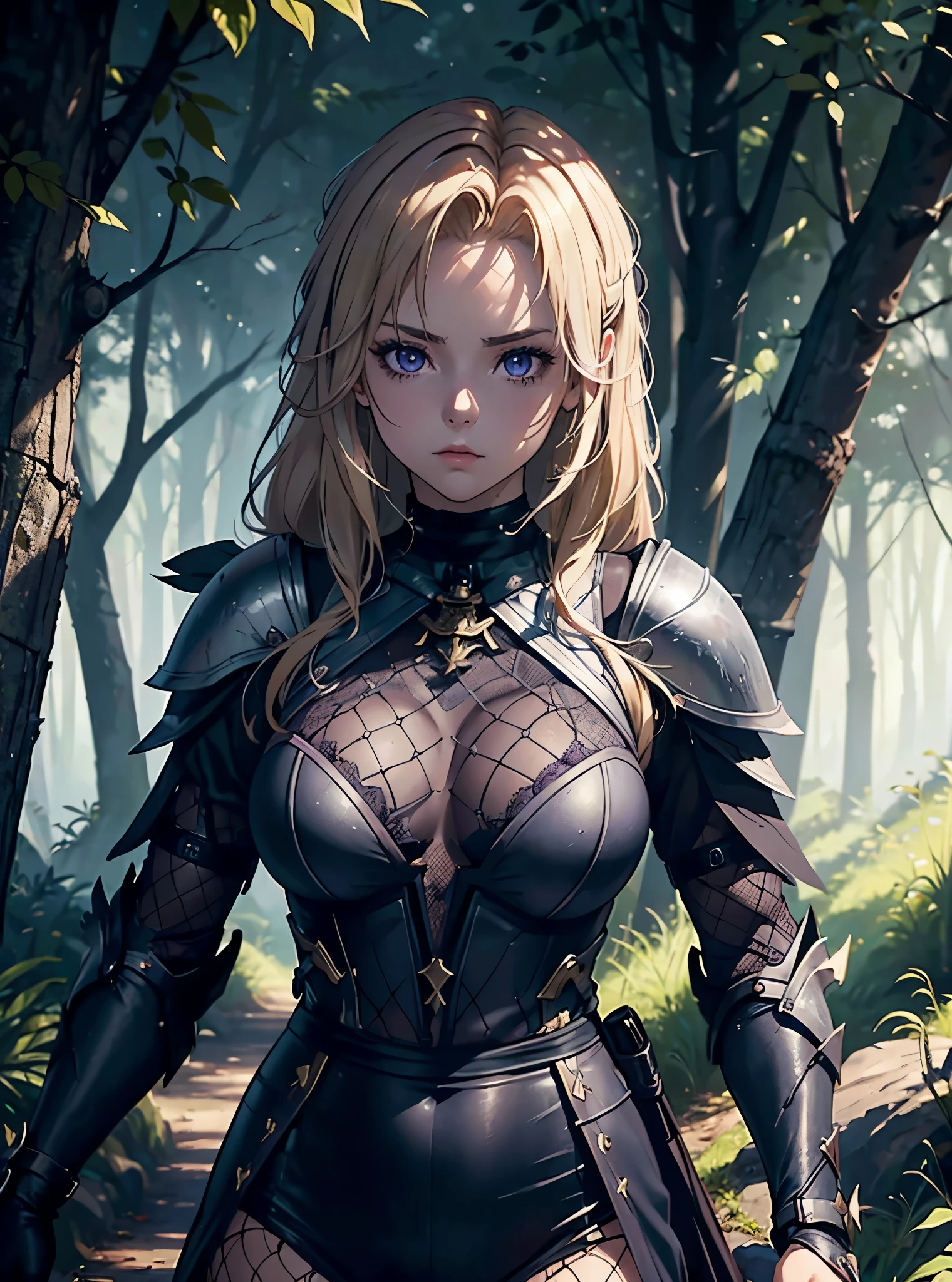 ((DARK FANTASY COLORING, DARK COLOR PALETTE, SORROW LIGHTING, 8K DETAIL QUALITY))
((masterpiece, best quality)), (1girl, anime girl in the woods, rocky, a path, falling leaf),(mature, fair skin), (solo), (female focus, purple eyes girl, innocent face), (blonde hair),[[PURPLE EYES]], ((fishnet clothes, chestplate, knightess)), portraits, close up, upper body.
