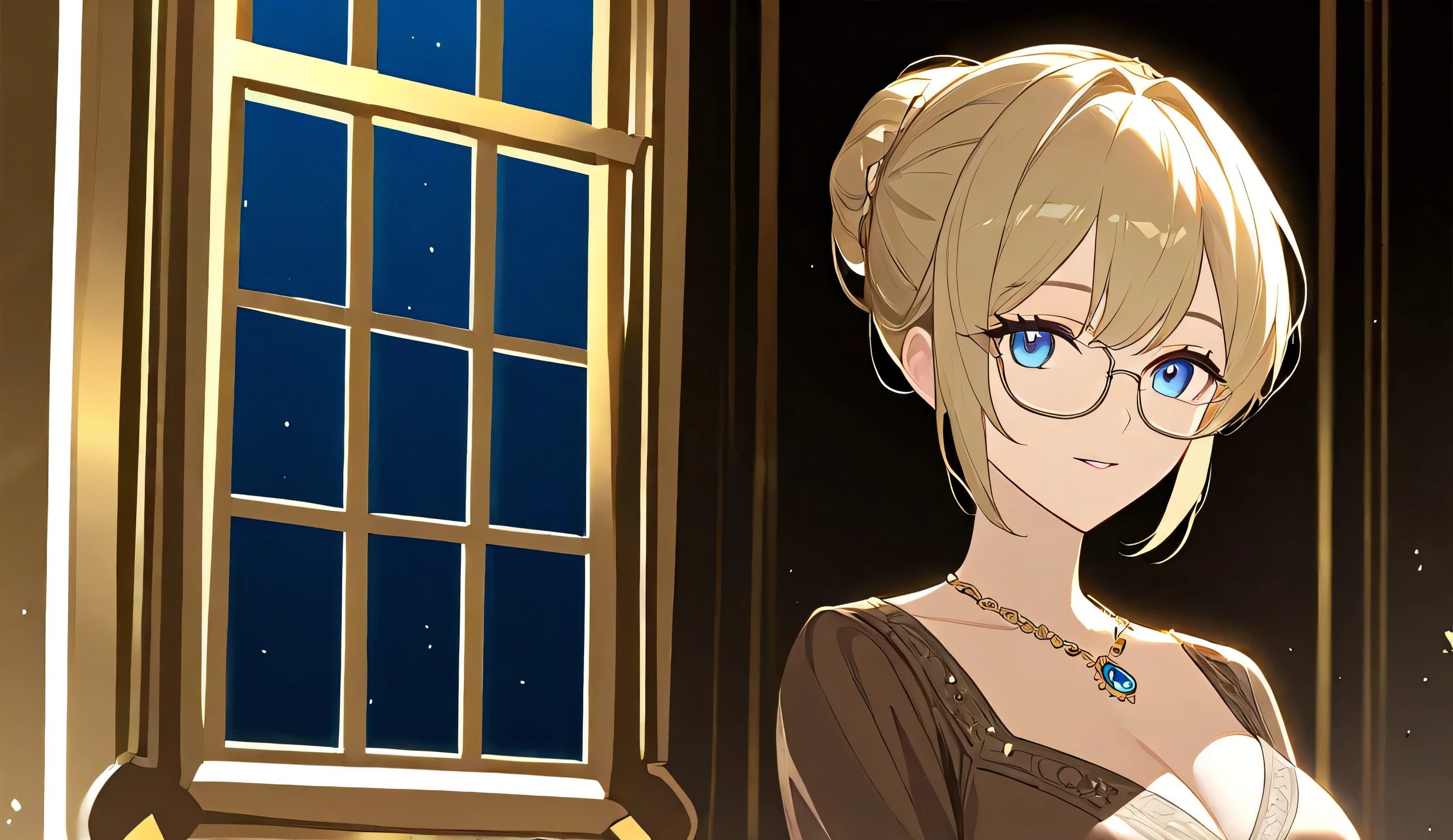 A stunning anime-style female character with blonde hair tied in an elegant bun, wearing thin gold-rimmed glasses. She has captivating blue eyes and a confident, slightly teasing expression. Dressed in a sophisticated, form-fitting brown blouse with a deep neckline, she exudes an intelligent and alluring aura. A delicate gold necklace with a small gemstone pendant rests on her chest. The background features a sunlit, vintage-style study with large ornate windows, casting warm golden light on the scene. The atmosphere is elegant, intellectual, and slightly mysterious.