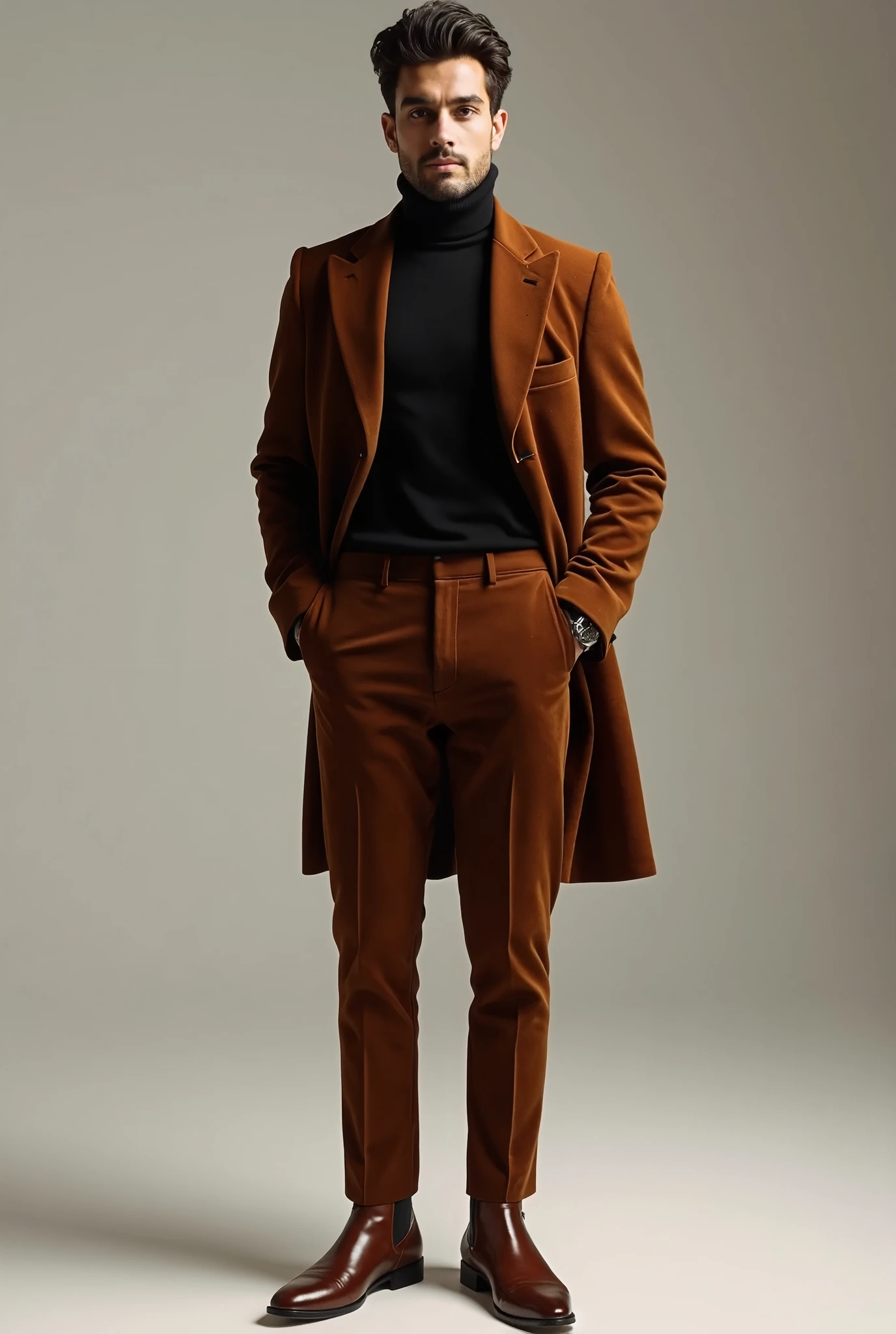A Pakistan beautiful stylish man 20 years white skin and skin and Black cotton pullover neck tight shirt and leather shining brown tuxedo and brown velvet pant and brown shining boots full outfits standing Man high quality 8k uhd upscale realistic