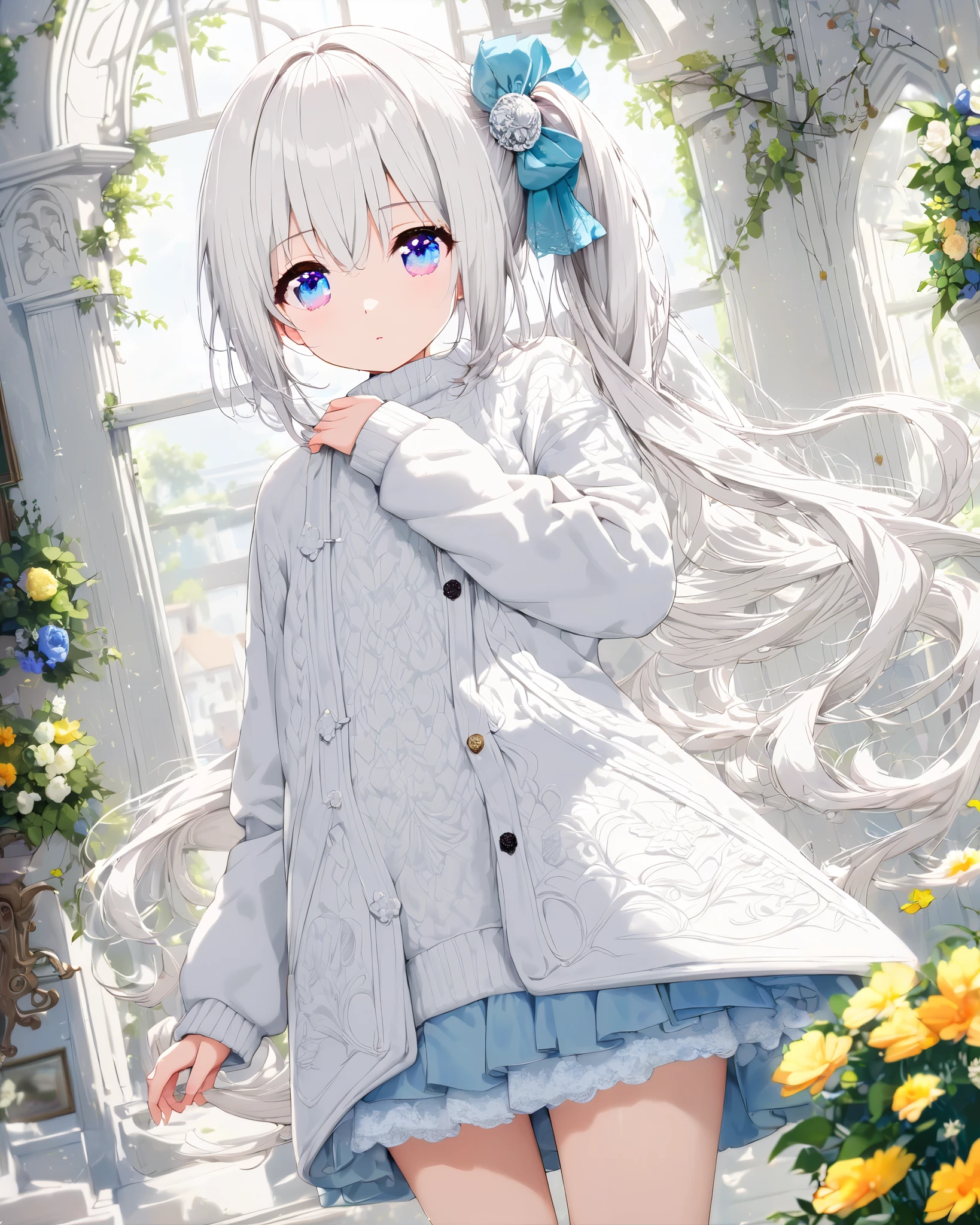 girl,( long flowing hair ), Detailed Skin ,(( masterpiece, best quality))++, Detailed lighting+, Fine hair+, Detail Hand+ , miss, Blue-pink eyes, pretty eyes , Young white hair,(Beautiful white hair:1.5),( beautiful and delicate eyes that spit out), {{angle}} , very detailed wallpaper , Very beautiful CG,sweater,Kasugano Sora,Gel coat,lace hair accessories ,Secret Garden,Her hair was tied to the right in a side ponytail,