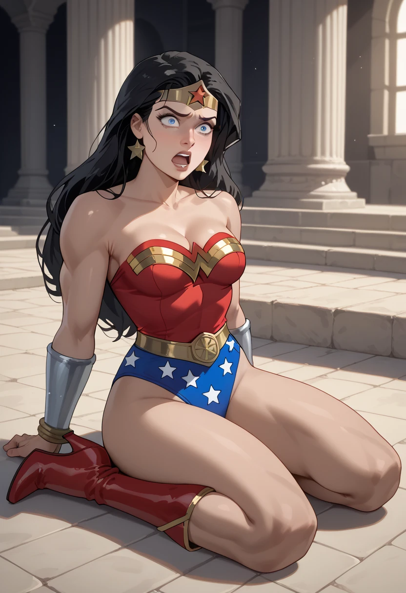 busty girl, blue eyes long hair , blonde baby , nudity , seductive lingerie posing in high resolution 12k great supernatural beauty perfect detailed green mountainous landscape Wonder woman in bed with her extra big heavy tits exposed, wet pussy and spread legs with high-heeled slippers erotic poses vaginal fluid dissatisfaction and facial expressions