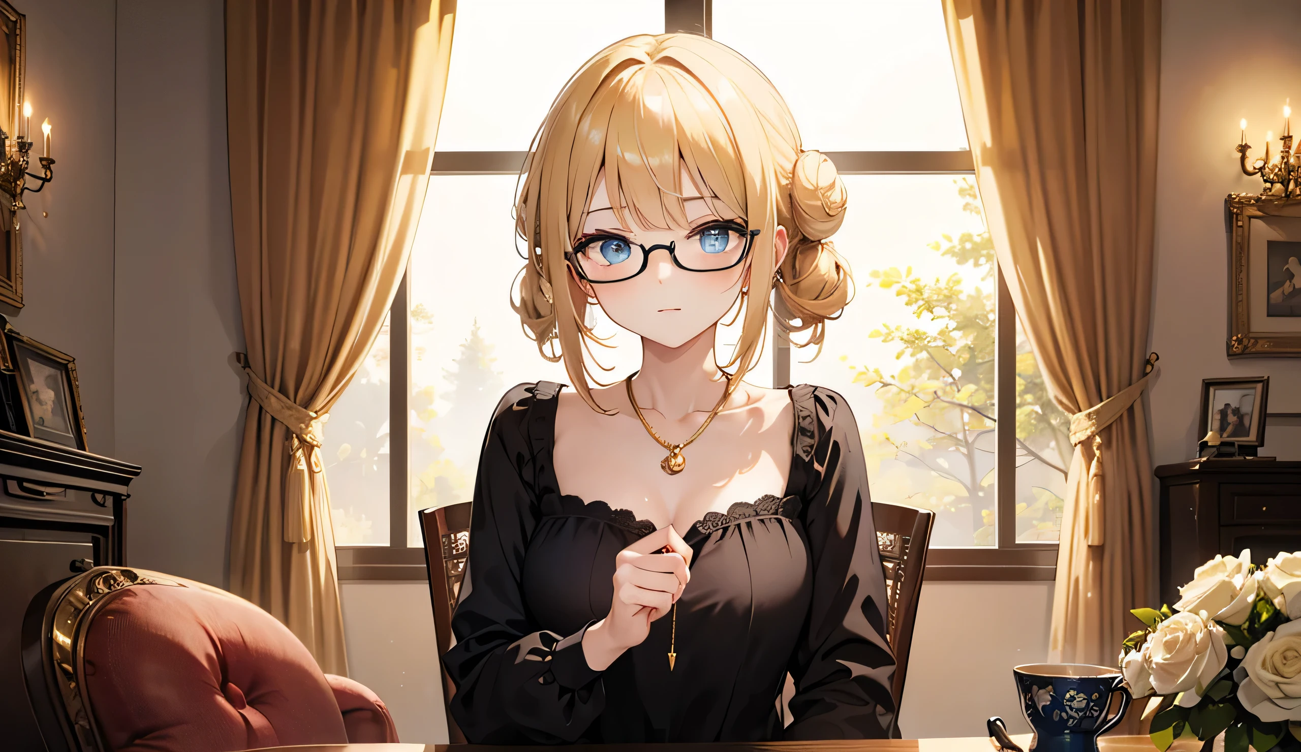 A stunning anime-style female character with blonde hair tied in an elegant bun, wearing thin gold-rimmed glasses. She has captivating blue eyes and a confident, slightly teasing expression. Dressed in a sophisticated, form-fitting brown blouse with a deep neckline, she exudes an intelligent and alluring aura. A delicate gold necklace with a small gemstone pendant rests on her chest. The background features a sunlit, vintage-style study with large ornate windows, casting warm golden light on the scene. The atmosphere is elegant, intellectual, and slightly mysterious.