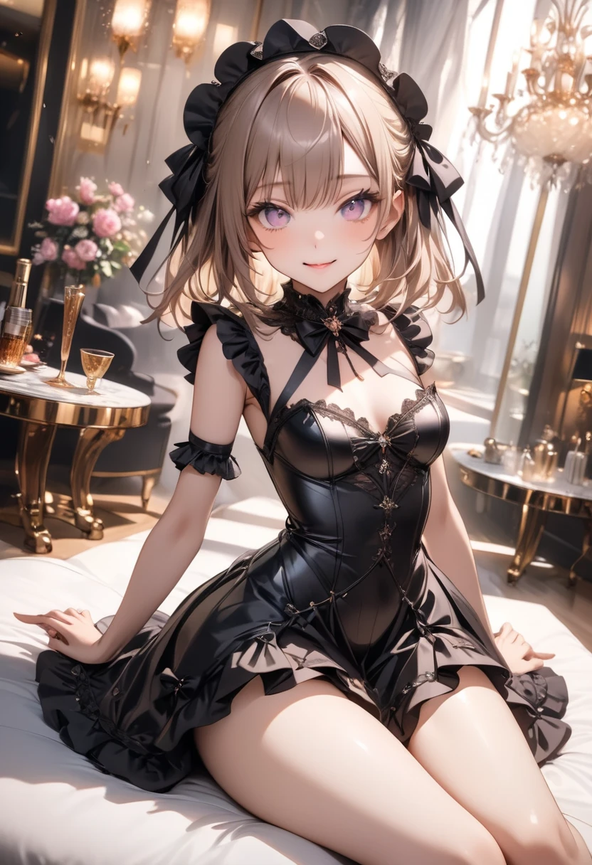 (masterpiece, 8K, photorealistic, Raw photo, best quality, ultra high resolution: 1.2), (1 girl), (solo), (10 year old female of Photorealistic anime girl), (hair ribbon, one-piece tan, breastless clothes, detached sleeves, corset, mini skirt, frills), (cute, little:1.5), (very beautiful face:1.5), (Beautiful face with perfect symmetry:1.2), (cute face:1.5), (small natural breasts:1.4), (wonderful smile:1.5), (tanned skin, high detail skin: 1.5), (perfect anatomy), (Beautiful Dark brown short tiered hair, V cut with layers and bangs:1.2), ((Beautiful black eyes:1.5)), (Soft atmosphere characteristics), (Gothic ta Fashion, see-through camisole, side tie panties, black pantyhose, high heels:1.4), ((perfect Pause)), (Face close-up:1.5), volume lighting, soft light, bright,