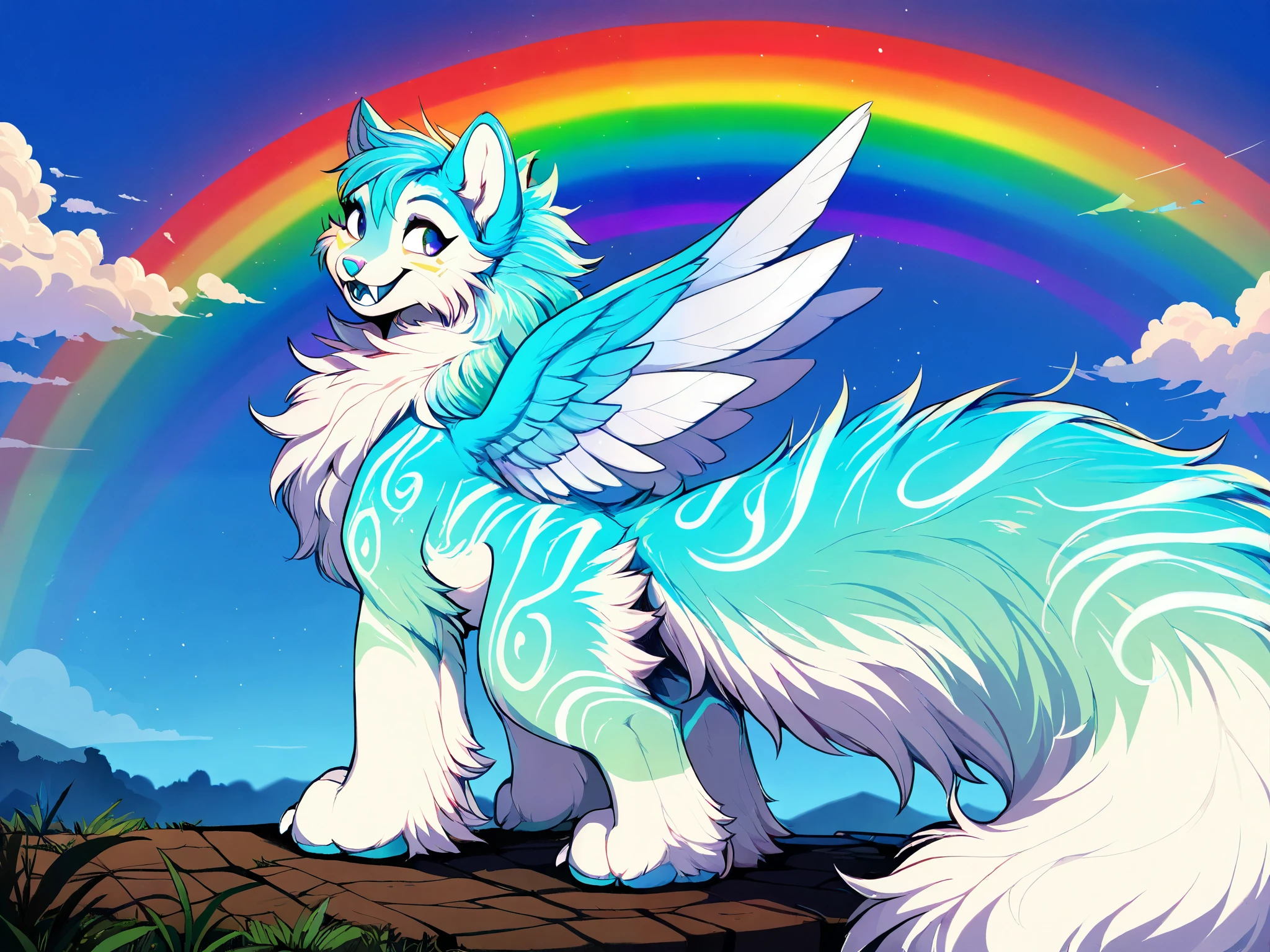 Feral, female, fluffy fur, outside, looking back, from behind view, solo, attractive body, big tail, white neon fur, big paws, claws, neon sky, big white fangs, happy, rainbow, day time, wings