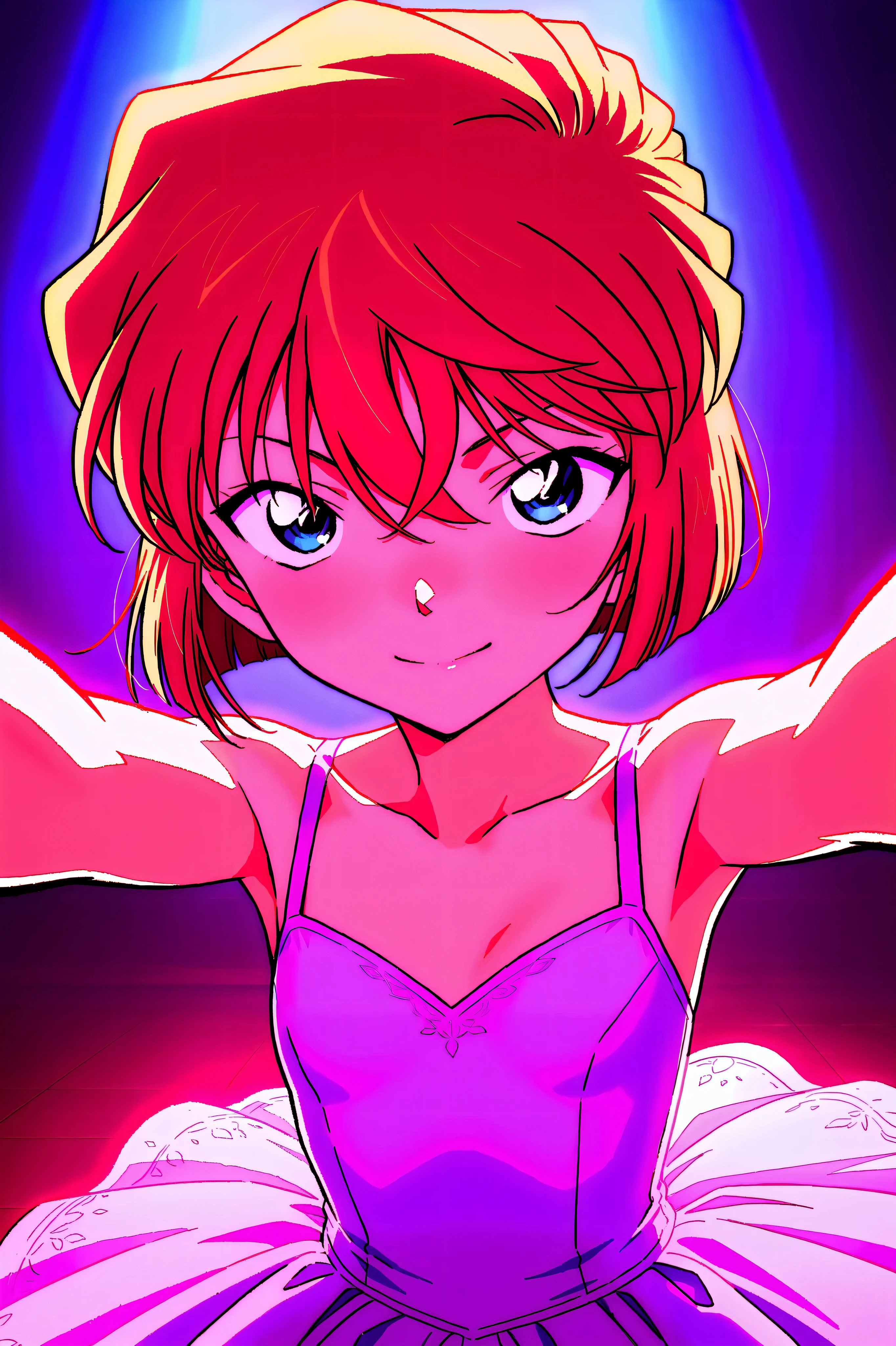 front view,
1girl, upper body, dancing on the stage ,lady, smile,
Best quality, masterpiece, soft light, official art, high quality,highres, absurdres, epic scene, natural textures, haibara ai, short hair, brown hair, blue eyes, hair between eyes, female, at the ballet theatre, sleeveless, lavender ballet dress, flat chest, raising arms