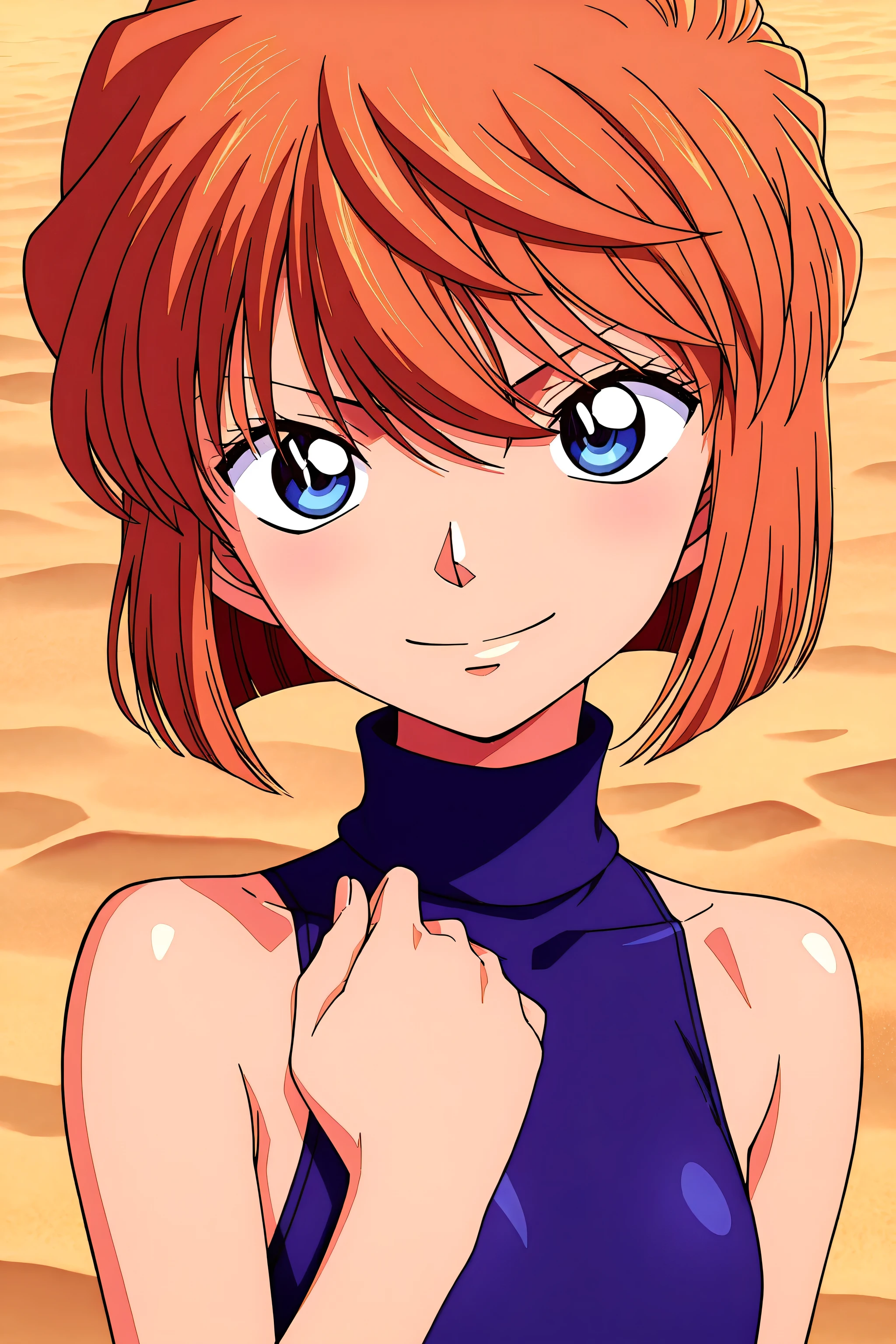front view,
1girl,upper body,looking at viewer, lady,smile,
Best quality,masterpiece,soft light,official art,high quality,highres,absurdres,epic scene,natural textures,haibara ai,short hair,brown hair,blue eyes,hair between eyes,female , sapphire blue turtleneck one piece swimsuit, in the beach, flat chest, sleeveless