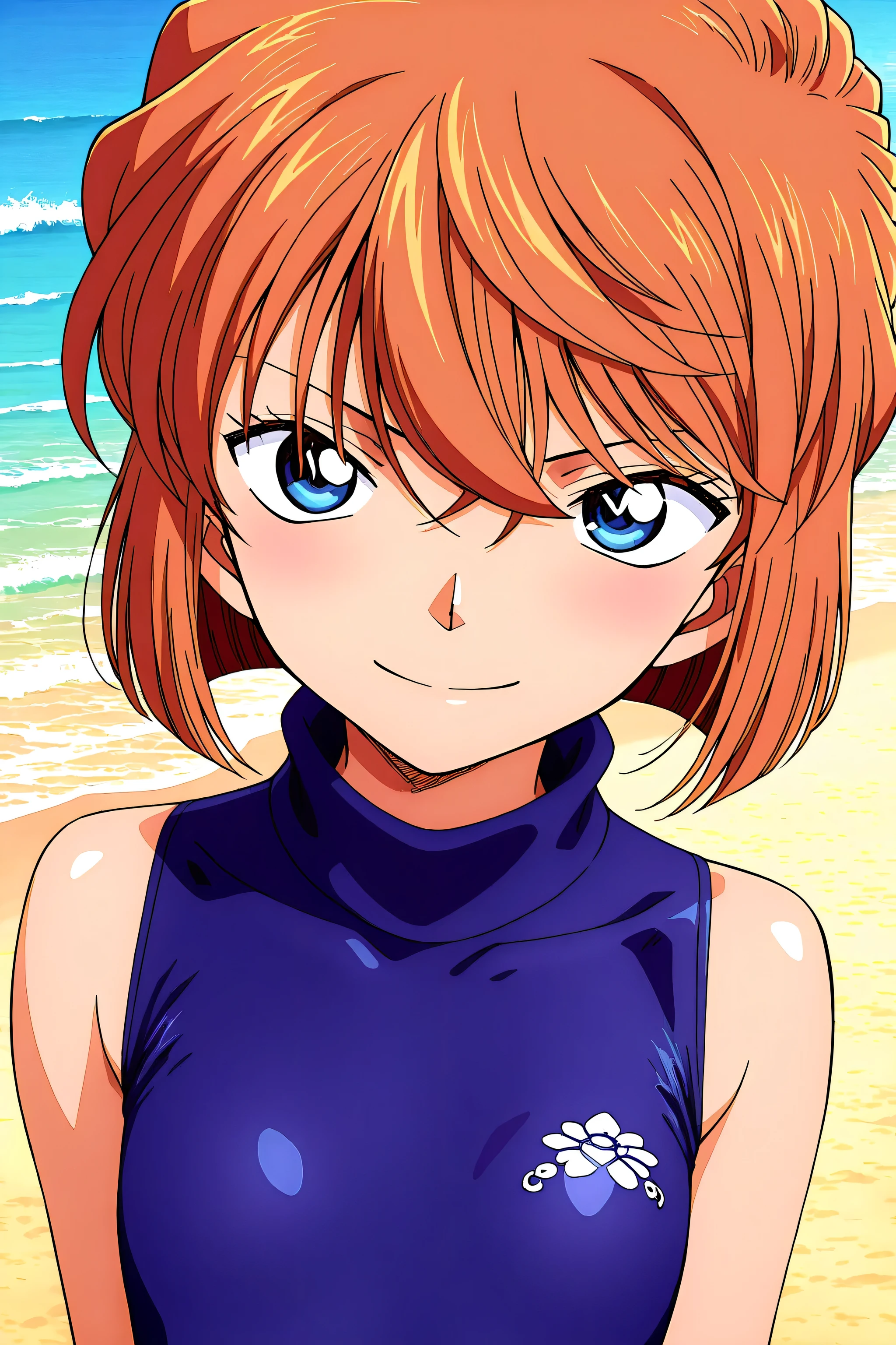 front view,
1girl,upper body,looking at viewer, lady,smile,
Best quality,masterpiece,soft light,official art,high quality,highres,absurdres,epic scene,natural textures,haibara ai,short hair,brown hair,blue eyes,hair between eyes,female , sapphire blue turtleneck one piece swimsuit, in the beach, flat chest, sleeveless