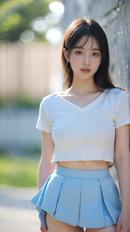 (extra detailed body、extra detailed face、best qualtiy:1.2)、femele、looking at the viewers、(White sleeveless blouse、ripped denim shorts、Ultra short denim shorts)、(pink bougainvillea chaos in the background:1.4)