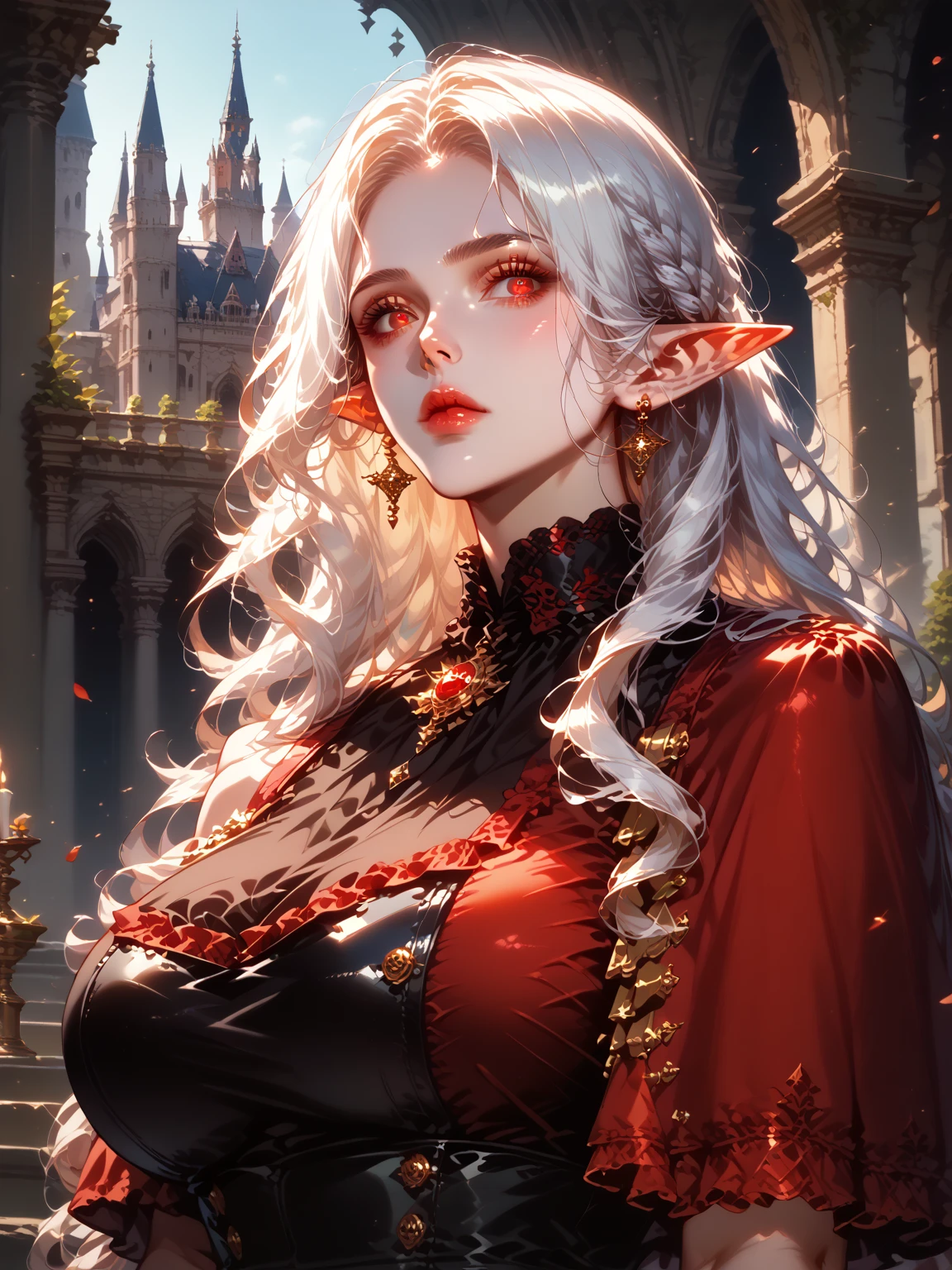 ((masterpiece, highest quality, Highest image quality, High resolution, photorealistic, Raw photo, 8K)), women, long white hair, vampire, mirror, castle room, two arms