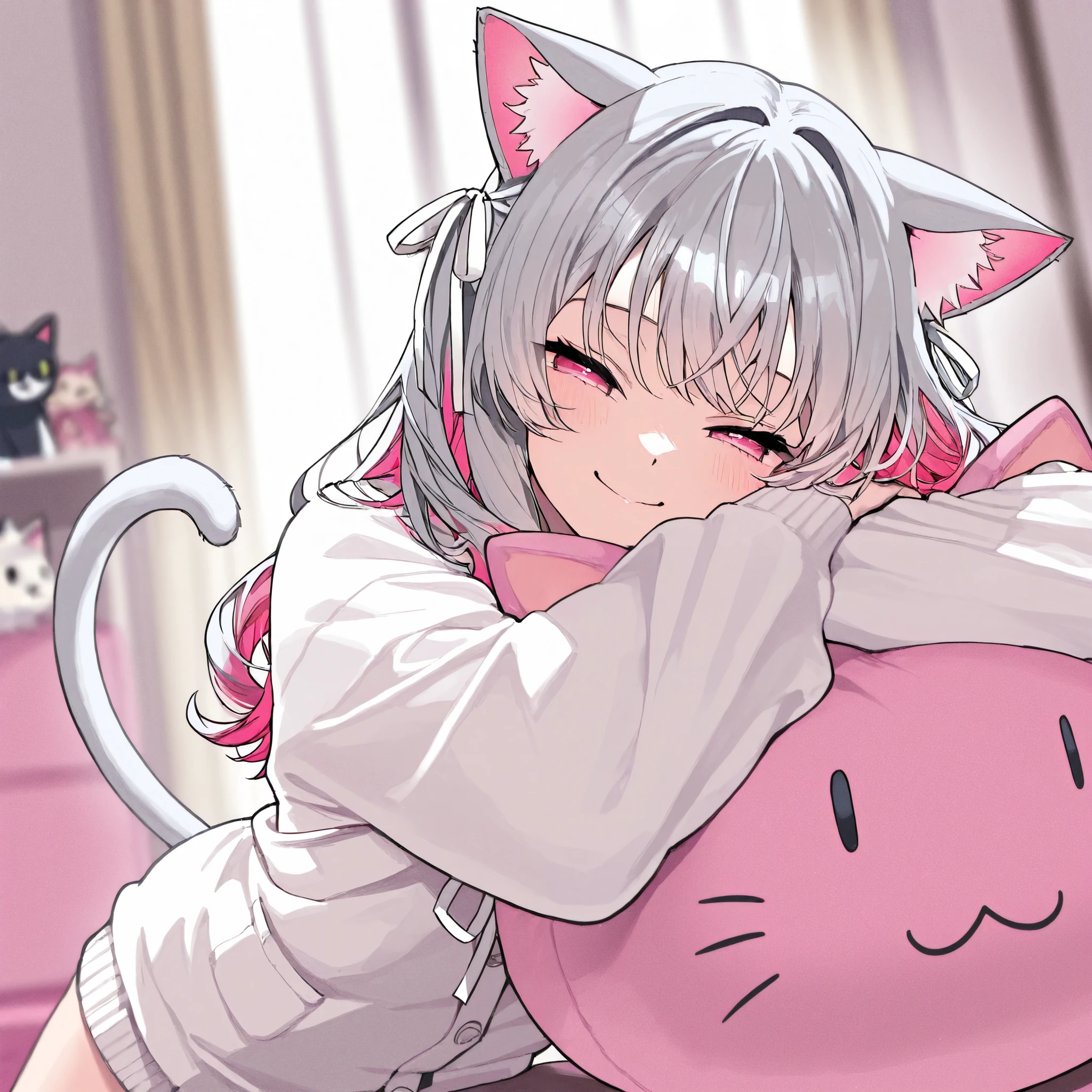  half twin tail、 Wave Hair、  pink inner color hair、Gray Hair, smile,  pink eyes, Narrowed eyes、 Oversized long sleeves ,  white cardigan,  white ribbon,Stuffed catを抱いている, blurry background indoors, indoor、Stuffed cat、 1 girl, Cat ears，Alone, high image quality、 Masterpiece、