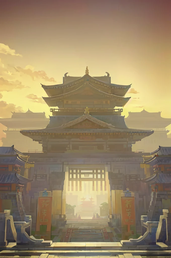 There is a painting of a bridge with a Chinese-style building as the background, with golden auspicious clouds on both sides of the bridge