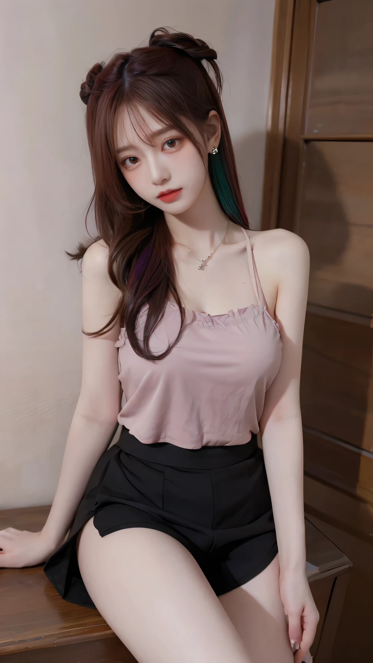   high resolution ,   many details  ,   1 girl ,  Viewers , Long hair,  rainbow hair , Multicolored hair ,   big breasts,   Dark Makeup,  Seductive expression ,   cowboy camera angles  ,  Single Shoulder Open Top,Short Boxer Pants  ,  Sneakers  ,necklace,earring, 