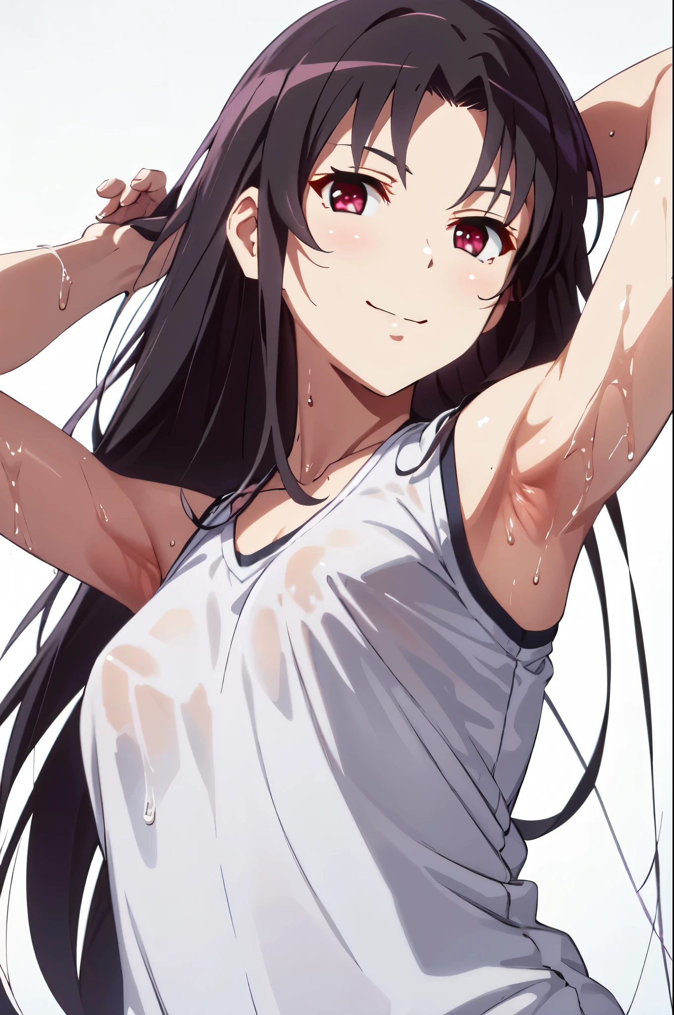 inoue_takina_lycorisrecoil　/　anime,Shyness,clear,Long Black Hair,A high  that was wet and transparent from the rain,His arms are tied and he is hanging from a rope,A glimpse of her bra from under her armpits