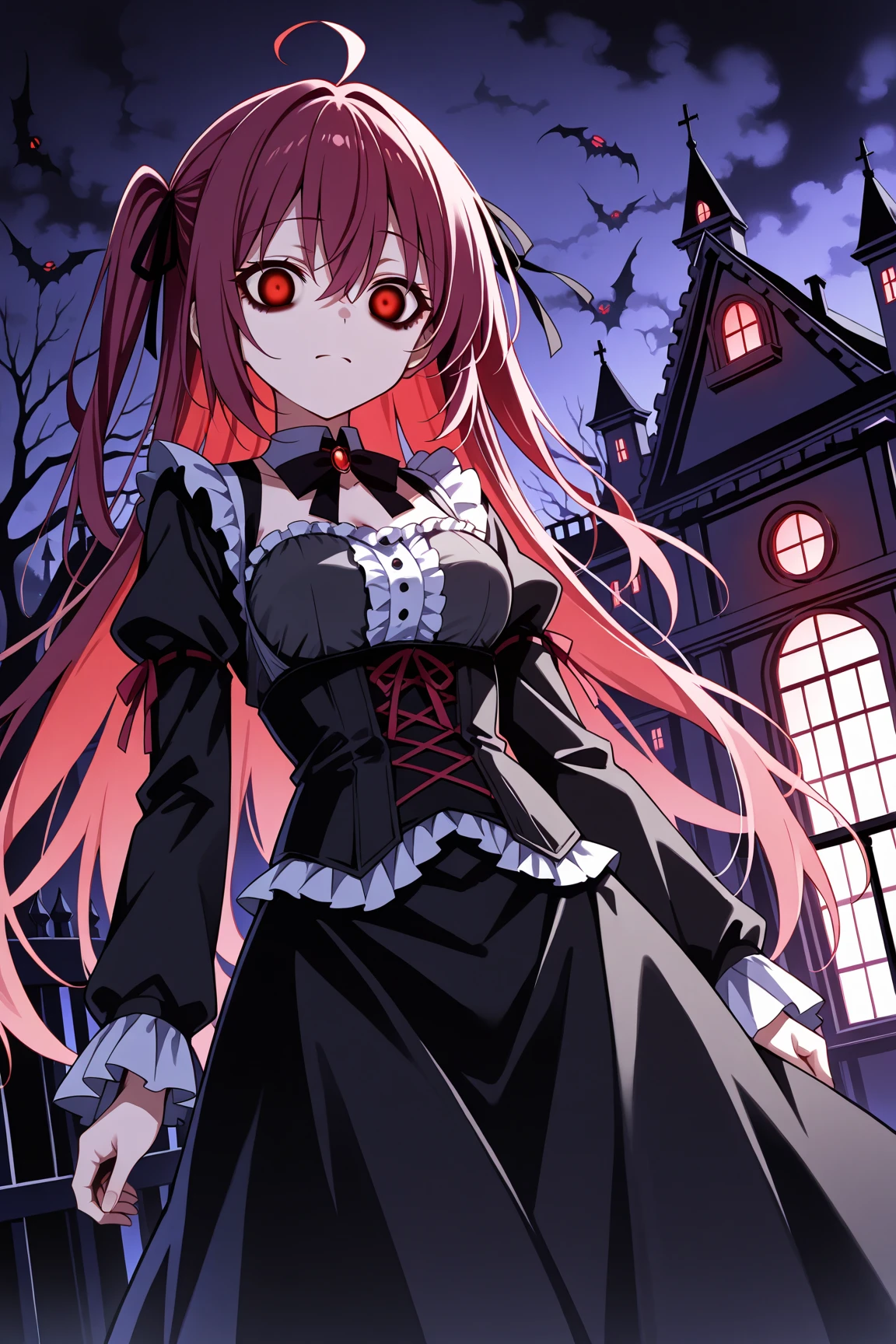 solo, female, cat ears, cat tail, red eyes, dark red hair, long wavy hair, large breasts, black tears, black mascara, runny mascara, cleavage, yandere, yandere smile, dark, night ,horror, vhs effect, horror, medieval, furry claws, furry forearms