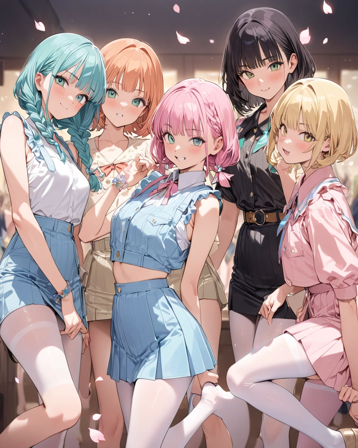 top quality, (Masterpiece: 1.3), (Maximum resolution: 1.2), (Ultra HDTV: 1.2), Cinema light, Ultra HDTV, (Detailed eyes and skin), (Detailed facial features), HDR, 8k resolution, Sharp Focus: 1.2, (((wizard girl group))), (((multiple girls:1.6))), ((5_girls)), (( standing and taking a signature pose:1.4)), (dynamic pose), (dynamic angle) , Perfect style, beautiful face, accurate, anatomically correct, highly detailed face and skin texture, detailed eyes, light green eyes, double eyelids, thin eyebrows, glitter eyeliner: 1.2, natural cheeks, glossy skin, fair skin: 1.2, (glossy lips: 1.4), (heart shaped pupils) ,
BREAK,
first-person-view, (cure prism), ((Wearing a Cute dress with pink trim on a white silk fabric:1.6)), (it consists of white scarf, white big bow on her waist and above-the-knee skirt with panniers:1.5), (holding sparkling microphone), (smiling full of compassion:1.2), (smiling full of love:1.2), ((very cheerful:1.6)), innocent and Cute girl, ( shiny pale pink hair), ( extra long hair, bang flowing diagonally :1.6), (big white ribbon barrette on her head),
BREAK
second-person-view, (cure sky), ((Wearing a Cute dress with white trim on a blue fabric:1.6)), (it consists of light blue choker, 2_pink bows on her waist and above-the-knee skirt with panniers, white tights with blue trim , blue shoes with golden toe and pink decorations on the ankles:1.5), (holding sparkling microphone), (smiling full of compassion:1.2), (smiling full of love:1.2), ((very cheerful:1.6)), innocent and Cute girl, ( shiny light blue hair with pink tips), ( extra long hair, straight bang, high twin tail :1.6), (big white wing-shaped hair ornament on her head),
break
third-person-view, (cure butterfly), ((Wearing a Cute dress with dark pink trim on a pink gradation fabric:1.6)), (it consists of dark pink croptop, choker, pink butterfly-shaped ornament on her waist and below knee-length fluffy flare skirt with deep slit, pink booty :1.5), ((holding spark