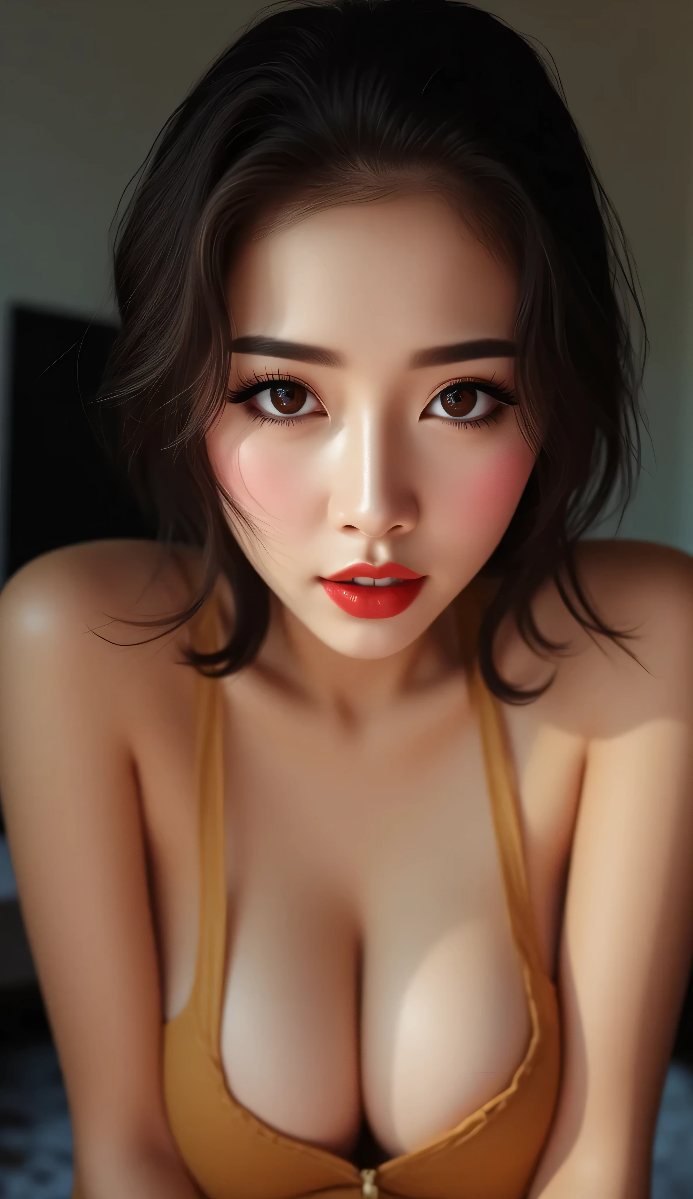 ((Best Quality, 8K, Masterpiece: 1.3)), beautiful Asian Korean, Instagram slut, e-girl streamer makeup, thick and wide tank top that emphasize perfect big cleavage, presenting their sharp cleavage close to you, amazing breast enhancement, blush make up, perfect long winged eyeliner, perfectly smoky eye shadow, perfect soft cleavage, round tongue out, perfect, beautiful eyes detail, upper body composition, perfect full red lips, lively face, lustful look, perfect squeezed cleavage line, rounded cleavage line, feeling exceptionally seduced, perfection, perfect mascara, skin detail, she absolutely fucking loves showing her cleavage to you, refined eyelashes, refined eyeliner, perfect composition, looking at you from below, white highlight in eyes, begging, teasing, perfect soft natural like breast that gives a clear perfect soft cleavage, long eye lashes: 1.3, beautifully and perfect eye, beautiful, brown eyes, thick eye brows, sharp cleavage focus, teasing gaze with smirk