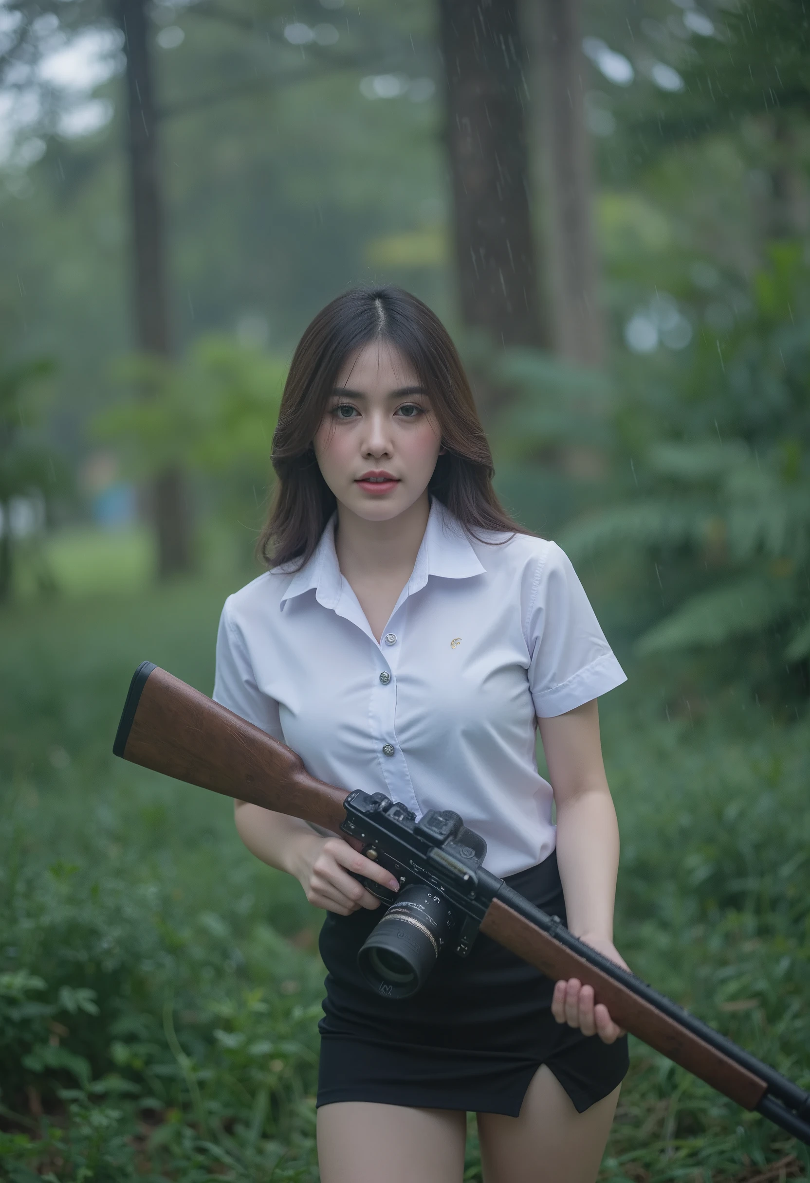 beautiful actress, 1girl, detailed face, beautiful detailed eyes, beautiful detailed lips, extremely detailed eyes and face, long eyelashes, wearing white shirt with mini black skirt a-shape, holding riffle, walking in primeval forest, heavy raining, DSLR camera, portrait, fuji film, shallow depth of field, (best quality, 4k, 8k, highres, masterpiece:1.2), ultra-detailed, (realistic, photorealistic, photo-realistic:1.37), vivid colors, studio lighting, physically-based rendering, extreme detail description, professional