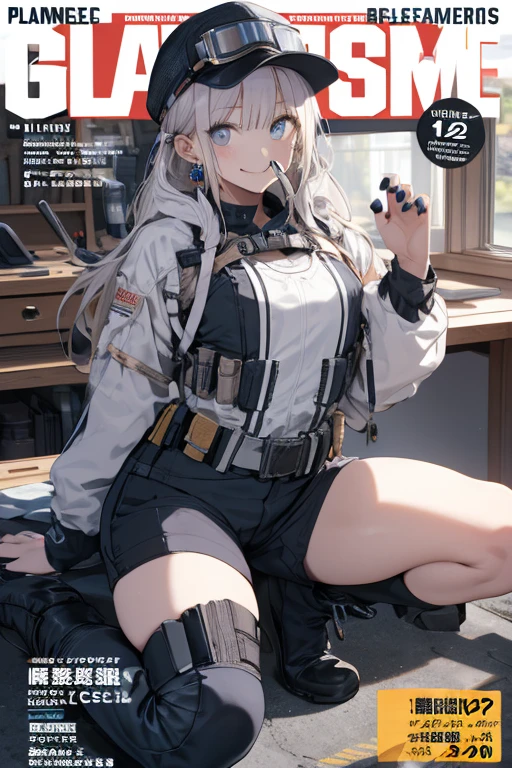 wavy silver hair that cascades to the middle of her back. Brown eyes. Slim and athletic build. She was wearing a skirt in shades of blue, a light blue shirt. He was wearing sports shoes. Very Busty. Comic style, marvel style. She is lying sensually