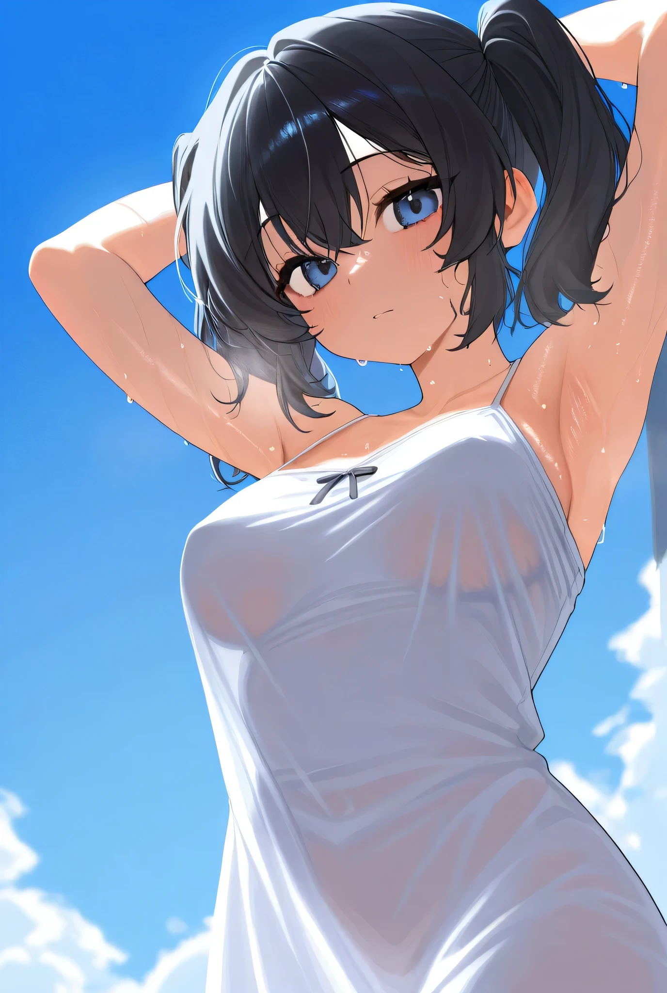 NSFW, 4k quality, top-quality, cute hair,  girl, in a beach, cute pose, half stripped flat chest, small breasts, half stripped, kid, ist, cum, goo, sharp pain