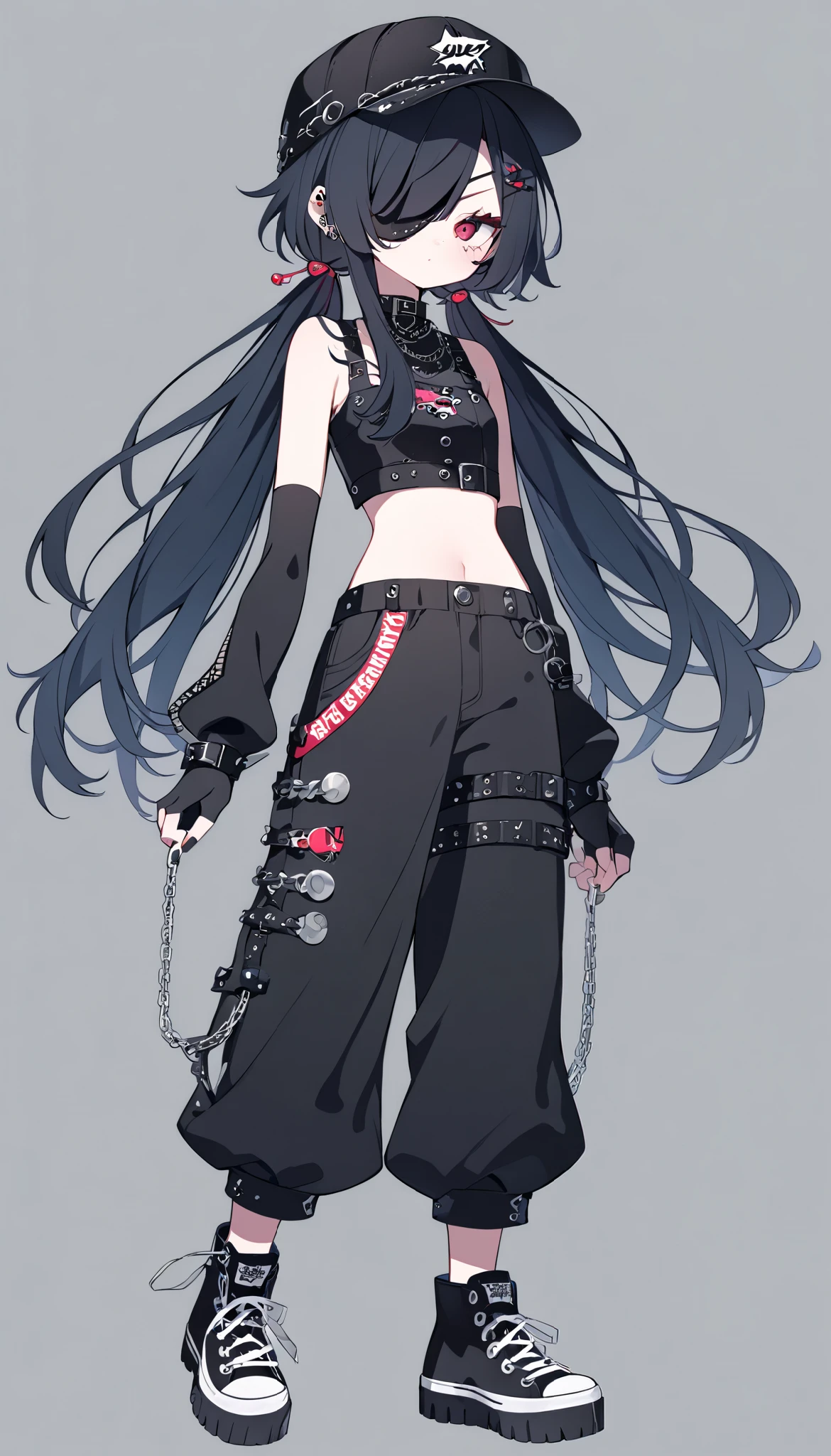 (((Highest Quality))), (Simple background), cartoon, 1girl, fullbody, standing, long hair, jellyfish hair, layered hair, black hair, low twintails, red eyes, eyepatch on left eye, crop top, arm warmers, fingerless gloves, punk, safety pins, chains, button pins, emo fashion, y2k, baggy pants, converse shoes, cap