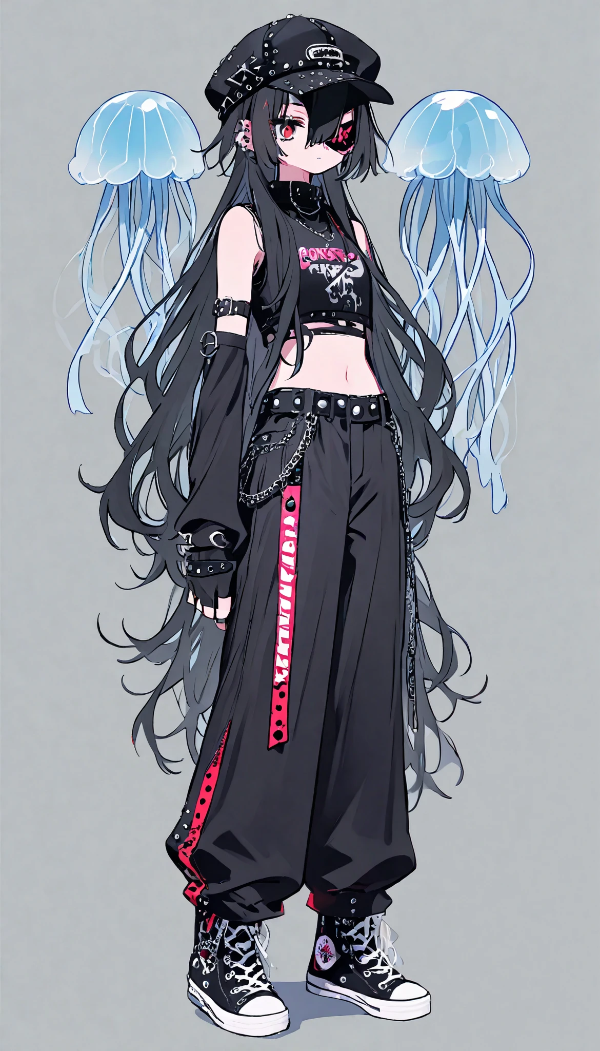 (((Highest Quality))), (Simple background), cartoon, 1girl, fullbody, standing, long hair, jellyfish hair, layered hair, black hair, low twintails, red eyes, eyepatch on left eye, crop top, arm warmers, fingerless gloves, punk, safety pins, chains, button pins, emo fashion, y2k, baggy pants, converse shoes, cap