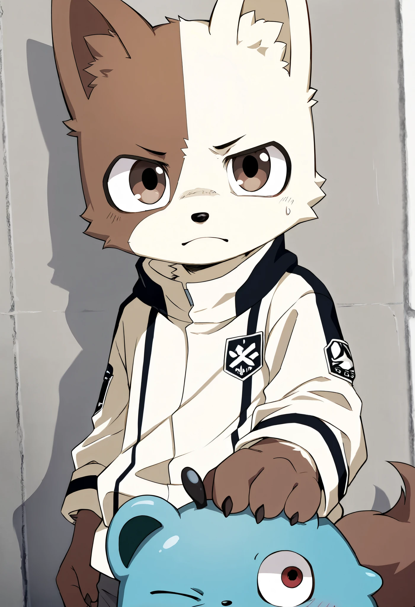 score_9, score_8_up, score_7, 1male furry Shuichi, dog, chonky, odd pupil, white and brown fur, Two tone fur, looking at viewer.