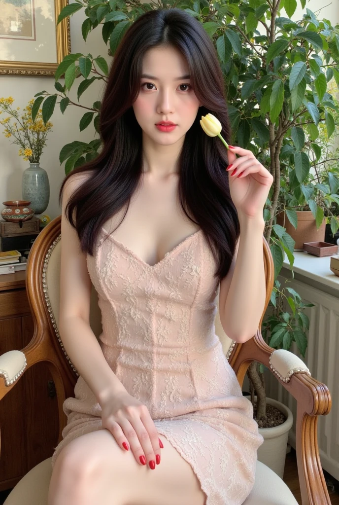 from above,she is looking at viewer,masterpiece,real photos,(solo) Real light and shadow,HDR backlight,Contour light,Shallow depth of field。reddish brown long straight hair,Elegant Chinese beauty, Wearing a strapless cardigan dress,A confident smile,Sitting elegantly on the floor making tea,Surrounded by cherry blossom trees