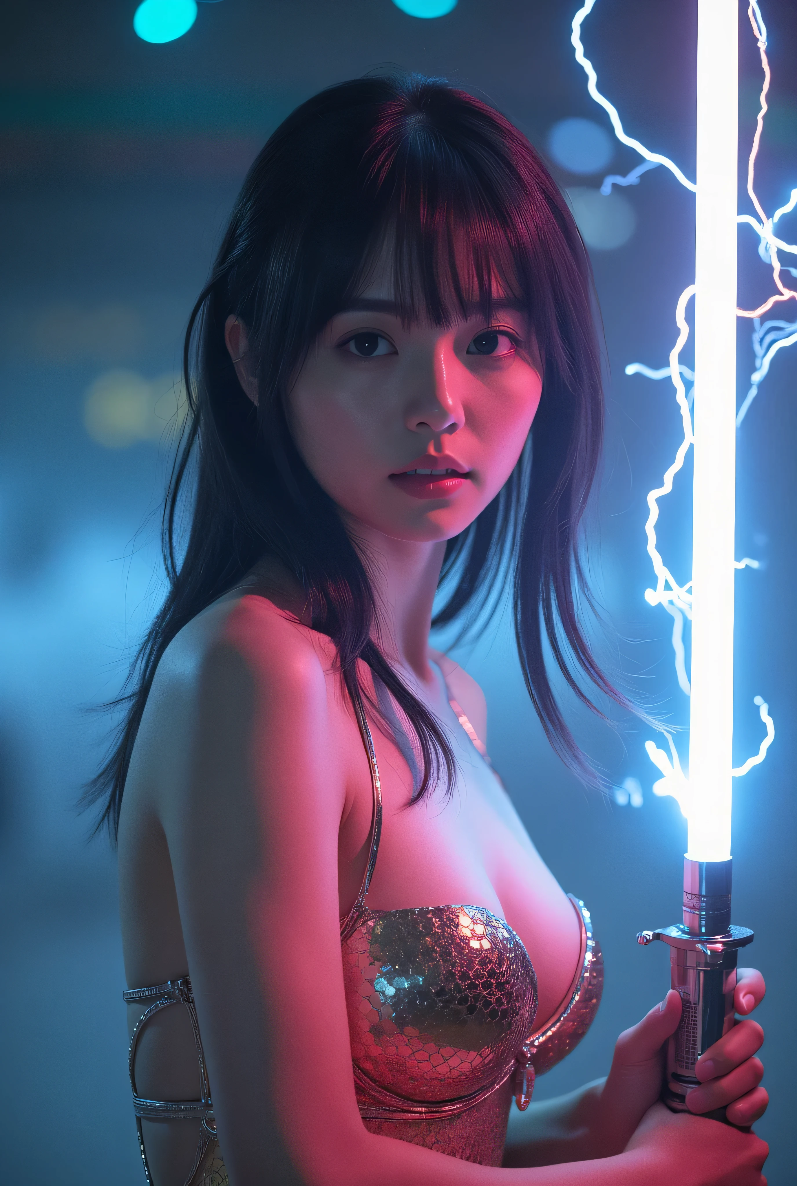  RAW photos , RAW Photos , 、 A girl fights aliens with tentacles , realistic,  sharp concentration,  high definition ,  high definition , Alone,  full body photo, Fight while wearing shining bikini armor,  beautiful woman, Japanese woman with a baby faceted bust 、Unleash the power、  explosive energy 、Lightning shoots from all over her body 、  lightsaber、 laser beam、  semi-long hair 、 has a laser sword ,  blurry background、