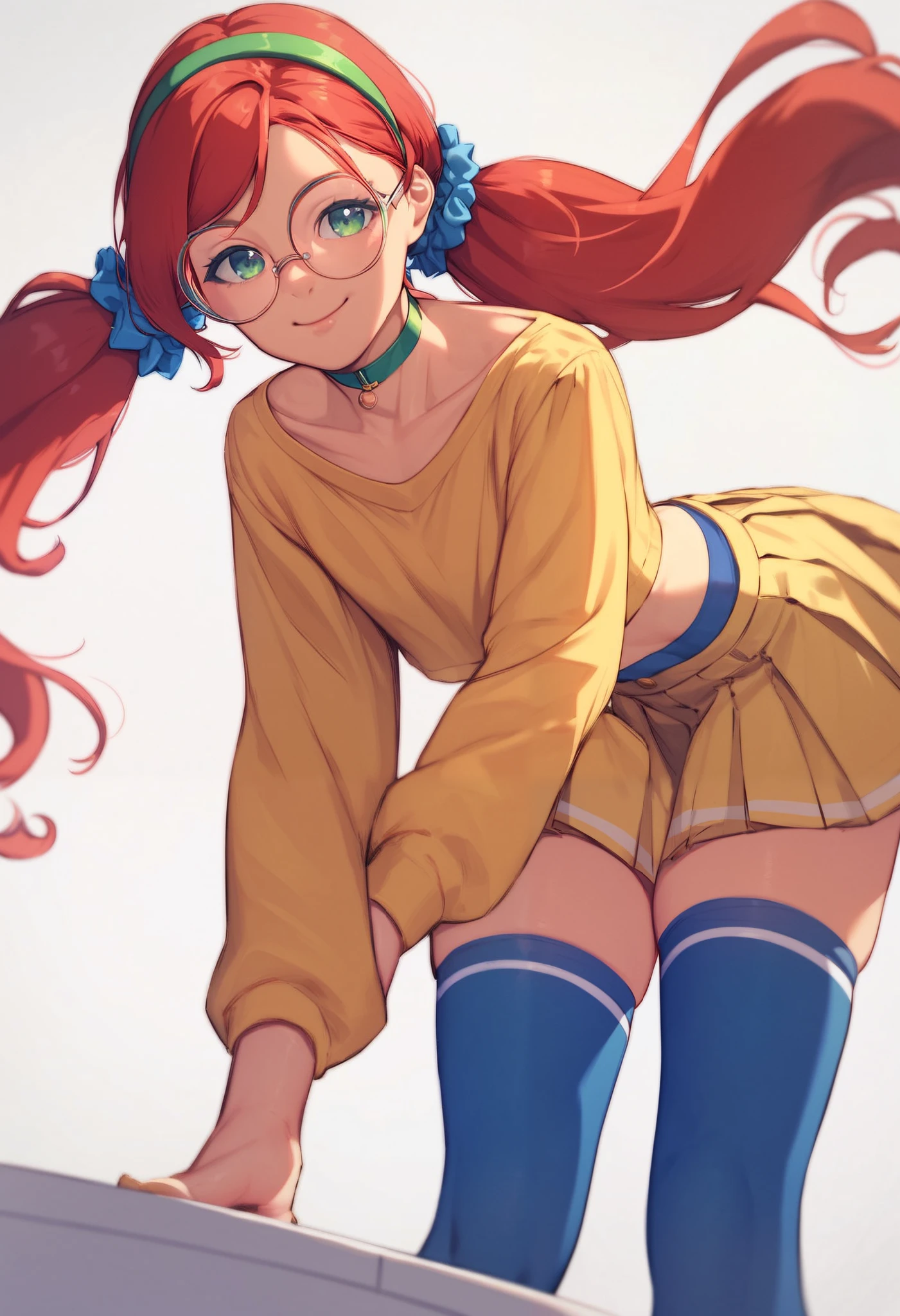 1girl,mita,miside,red hair,long hair,twintails,hair scrunchie,green eyes,red hairband,green collar,beige yellow shirt,long sleeves,beige yellow skirt,pleated skirt,white thighhighs,blue socks,white footwear,miniskirt,shoes,crop top,solo,thighhighs,skirt,jewelry,choker,ribbon choker,closed smile,leaning forward,looking at viewer,thigh highs,white background,masterpiece,best quality,from_below,round glasses