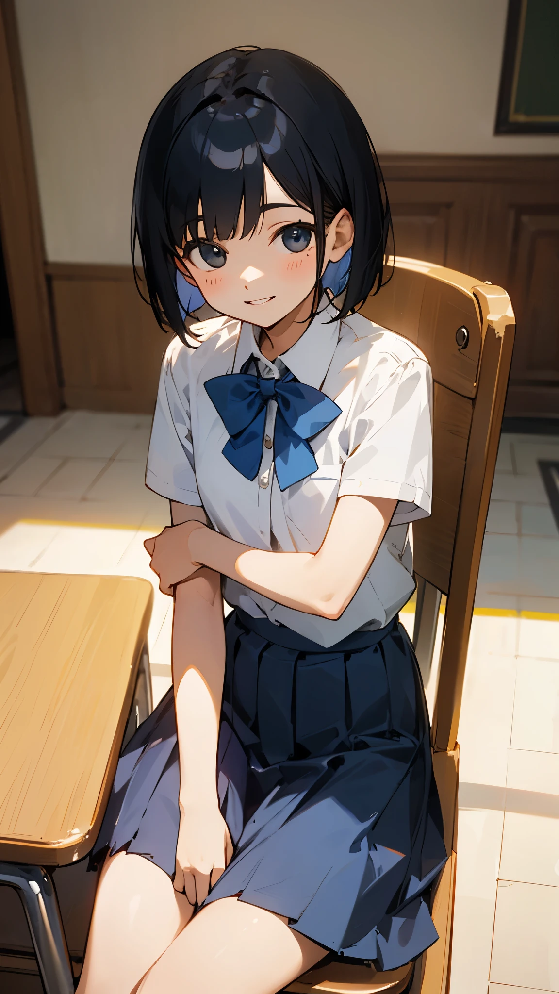 Junior high school girl with black hair and short bob、、smile、A sunny morning classroom、sit on a chair、Lift up your skirt with both hands and show your panties