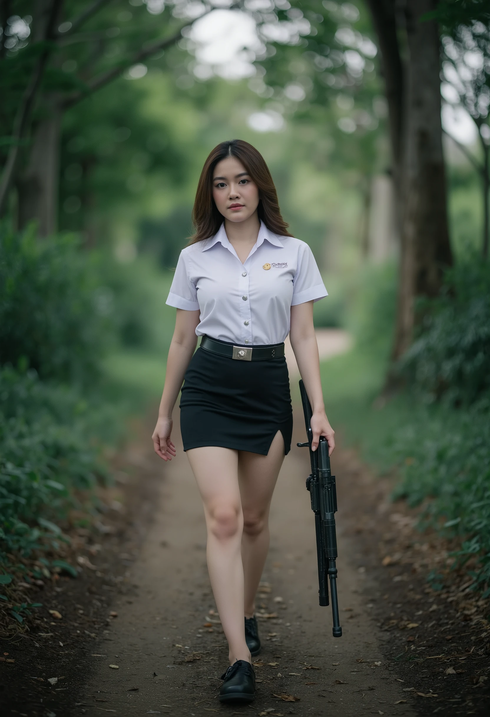 beautiful actress, wearing white shirt with mini black skirt a-shape in nisit uniform , holding riffle,walking in primeval forest,heavy, taken by DSLR camera, full body portrait, movie style