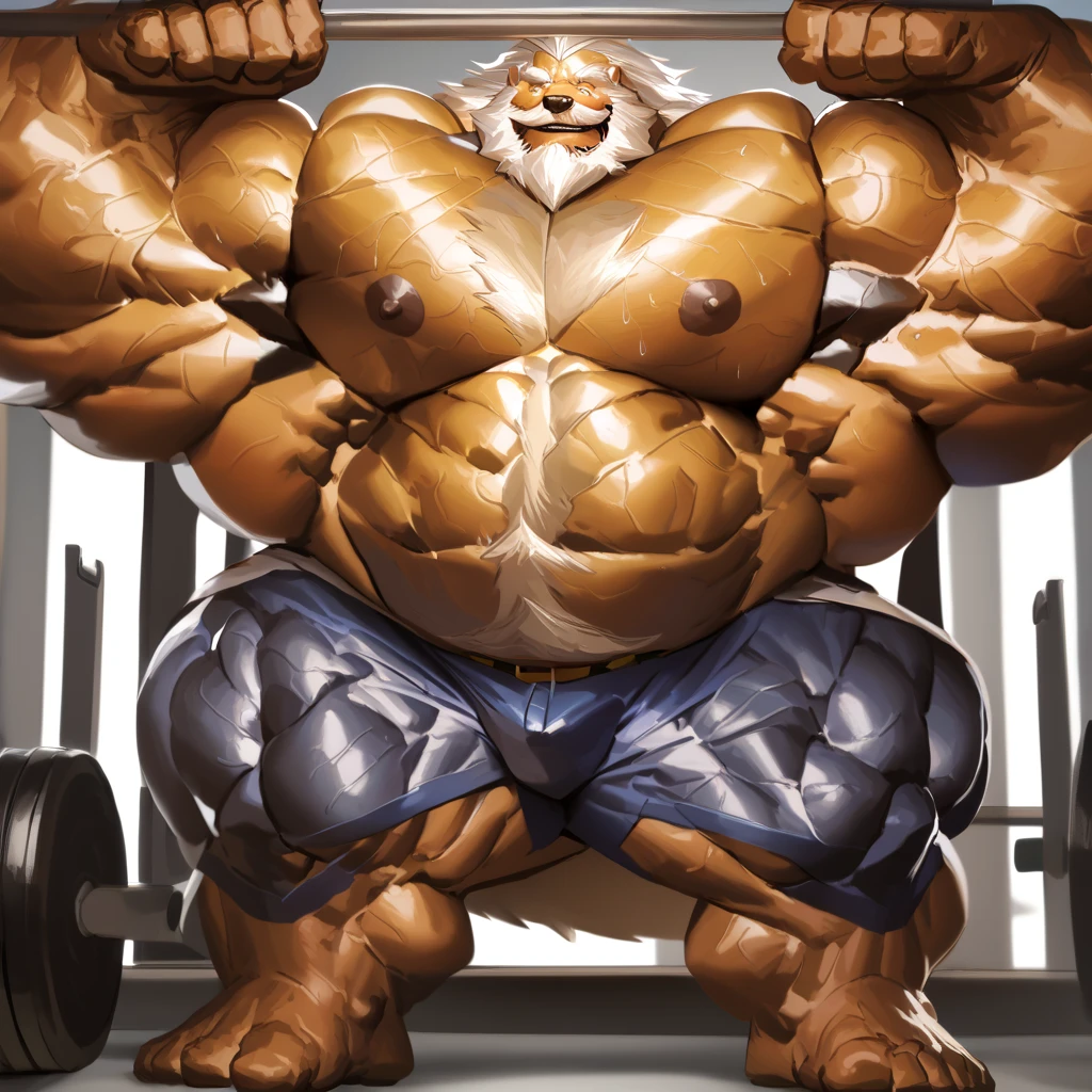 solo, 1boy, Huge Muscular Old Grizzly Bear wearing glasses , pectoral, huge pectoral, wide pectoral, short white hair, short pants black wristbands and shirtless topless, bearded, Mustache, gym background, backside, 
masterpiece, high detailed, 8k, high resolution, at the gym working out his back on the lat pulldown cable machine weighing over 100lbs and 45kgs of weights pushing up the limits