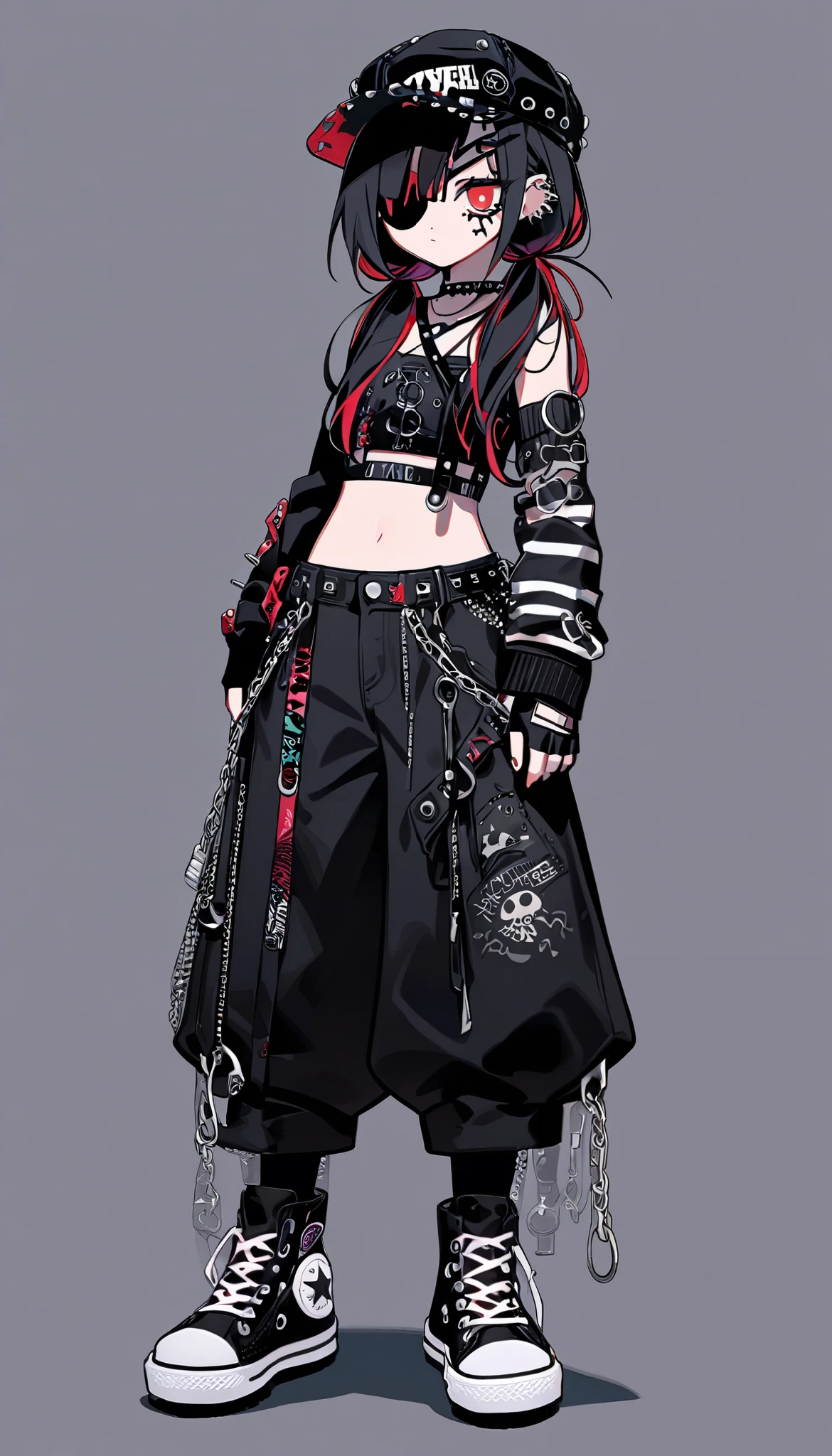 (((Highest Quality))), (Simple background), 1girl, fullbody, standing, long hair, jellyfish hair, layered hair, black hair, low twintails, red eyes, eyepatch on left eye, crop top, arm warmers, fingerless gloves, punk, safety pins, chains, button pins, emo fashion, y2k, baggy pants, converse shoes, cap