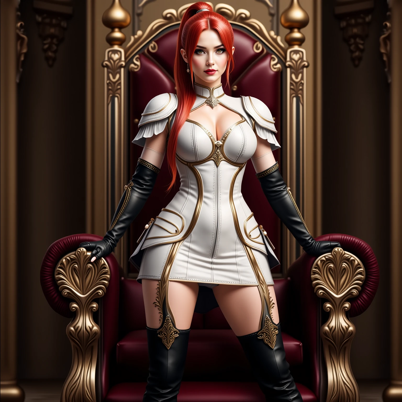 White background, water stains, big breasts, red hair, red chain mail, silver high heels, black stockings, overlook, sadness, queen, nail polish, shiny, crown, --auto --s2