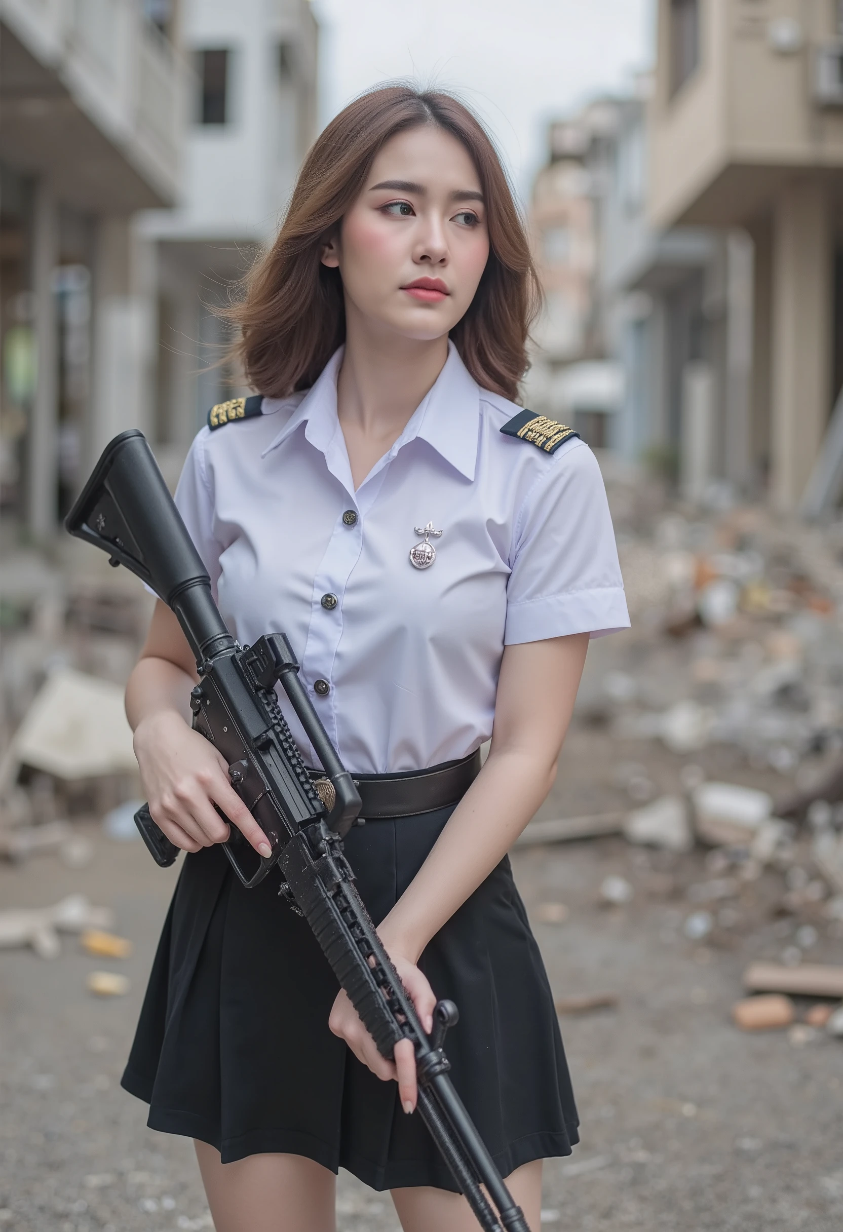 beautiful actress, wearing white shirt with mini black skirt a-shape in nisit uniform , holding riffle,walking in destroied city, full body portrait, movie footage style
