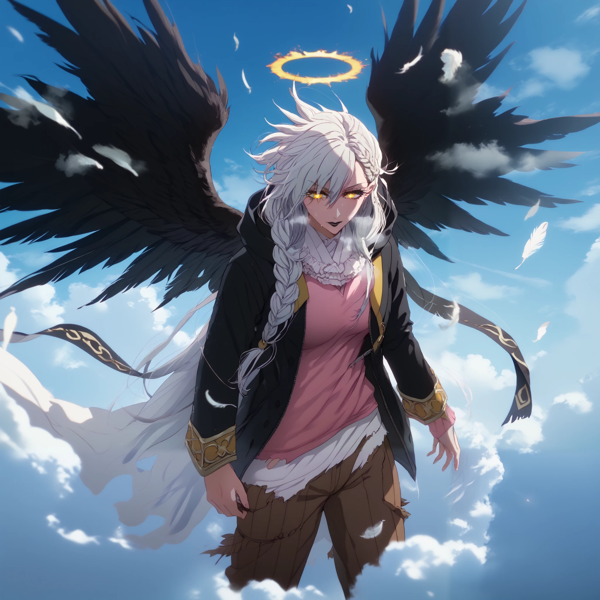 score_8_up, score_6_up, olgamarie, yellow eyes, white hair, long hair, side braid, (black lipstick, black lips:1.3), anime coloring, anime screencap, (voluptuous:1.3), (thick:1.3), BREAK UHD, retina, masterpiece, accurate, anatomically correct, textured skin, super detail, high details, high quality, award winning, best quality, highres, 4K, excessive sweating, sweating, sweating drop, (gasping, heavy breathing:1.3), (skindentation:1.2), perfect eyes, beautiful eyes, eyelashes, makeup, detailed body, perfect body, BREAK, 1girl, wings, solo, halo, cloud, ((black_wings)), glowing, torn_clothes, cloudy_sky, torn, sky, black jacket, hood, feathered_wings, glowing_eyes, pink shirt, feathers, brown pants, angel, looking_at_viewer, smirk, steaming body, fallings feathers