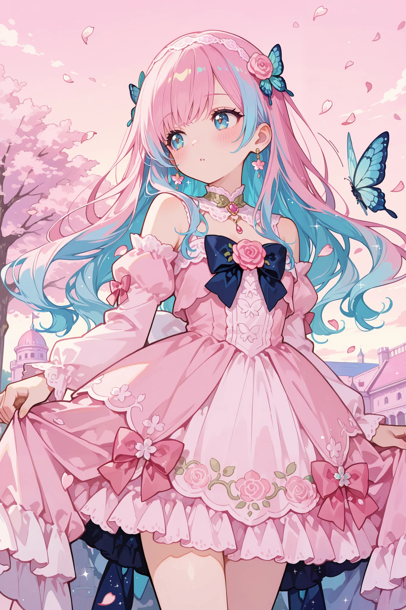 masterpiece, best quality, ultra-detailed, an anime-style scene featuring a young girl with long, flowing blue hair and big, sparkling blue eyes. She stands in front of a whimsical pink castle, her expression soft and curious as she looks back over her shoulder. Her dress is a cute combination of pink and white, adorned with ribbons, and her hair is styled with a lace headband and pink roses. The sky is filled with soft pastel colors, and cherry blossom petals float through the air, adding a magical touch to the scene. Butterflies also flutter around her, adding a sense of movement. The colors are vibrant, with the soft pinks and blues creating a dreamy and enchanting atmosphere, perfect for a fairytale-like adventure.
