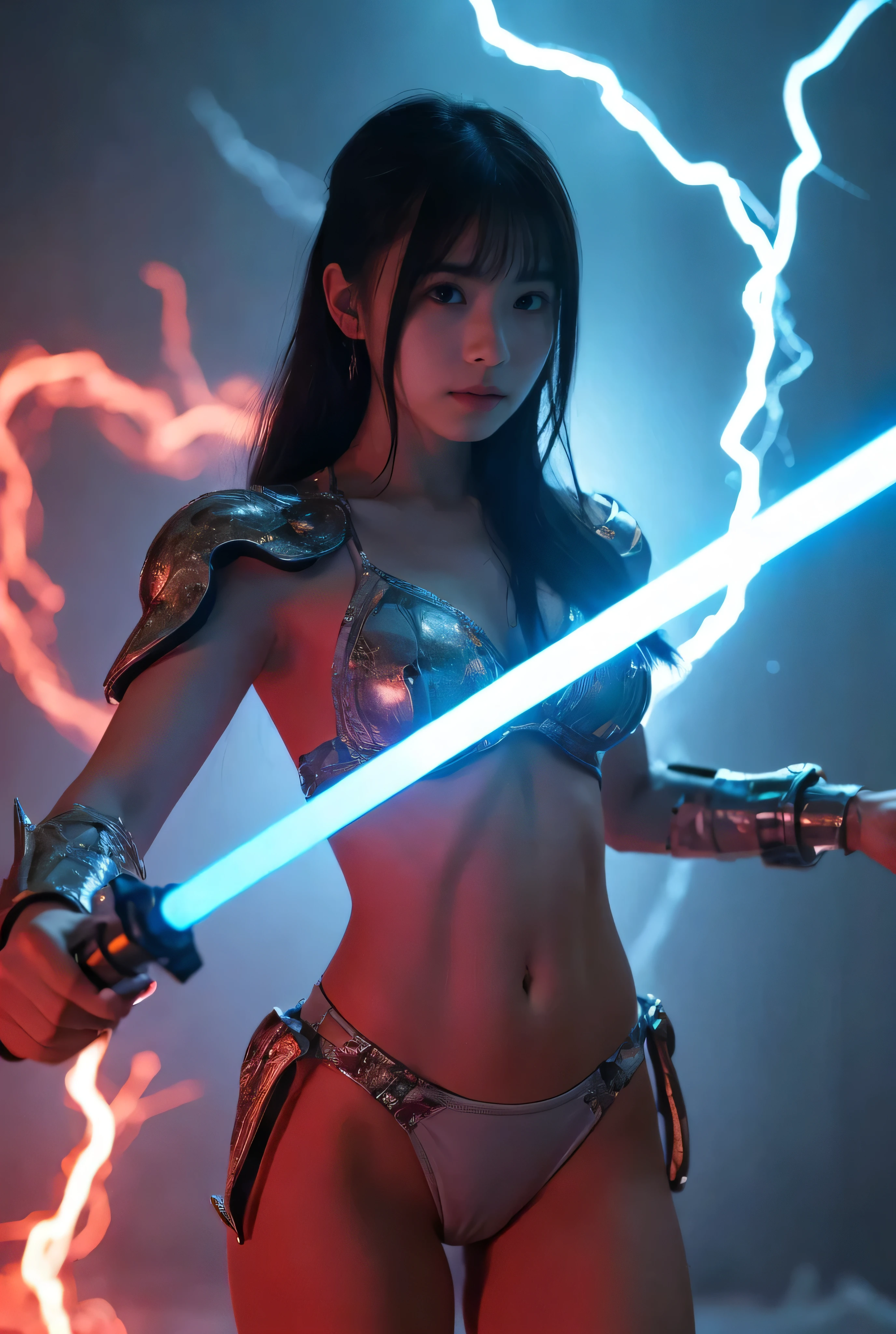 cyborg, girl, beautiful girl, 14 years old, cute, sexy, strong, Slender, bikini, High leg, metalic, super color, paisley, headgear, mandala, near future, ruins