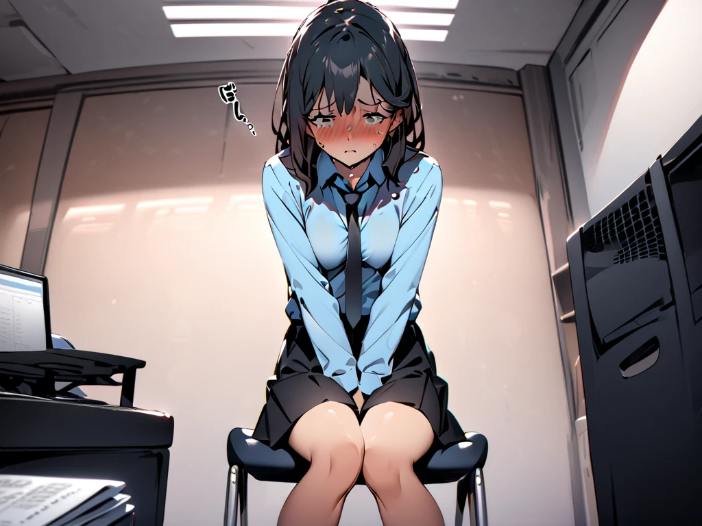 1 girl: full body.  Sitting in a chair, inside a hospital office.    Small and thin body, tiny, , ebony skin.   Wide hips and narrow waist.    Small bust.   Full legs and lips.    Long, loose, wavy, messy black hair.    Black eyes.    Dressed in a small erotic doctor costume: long white doctor's coat that covers the palms of the hands and reaches to the ankles, tiny white skirt, white crop top with a red cross in the middle that shows the abdomen, white stockings with lace with a red bow.  Red patent leather shoes.    Black choker.   Black mesh gloves that leave the fingers exposed.  Expression: confused, confused, raised eyebrow.   Small, dark and sweaty body.     body.    body.