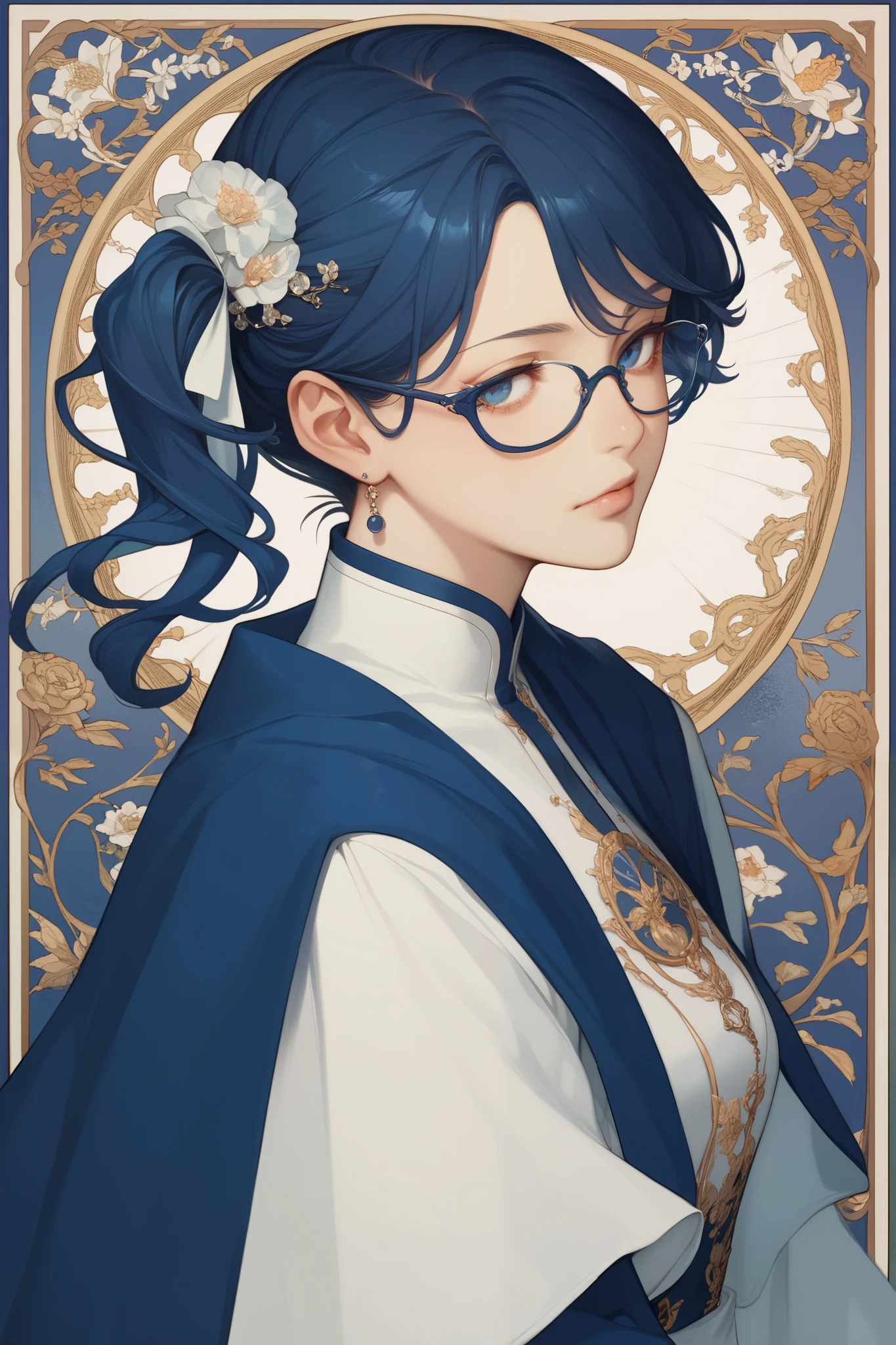 The image features a stylized graphic full body of a woman. The anime art style, characterized by exaggerated facial features and a cartoon-like depiction. The woman has dark blue hair styled into a side ponytail. She wears glasses, which are a common accessory in anime-style illustrations. She is dressed Thai university student unifrom. The background is composed of geometric shapes and colors, just like art nouveau style , including red, blue, and white, which adds to the vibrancy of the image. The overall composition is clean and well-balanced, with a central focus on the character. Zen painting illustration, flowing patterns, The image does not contain any text.