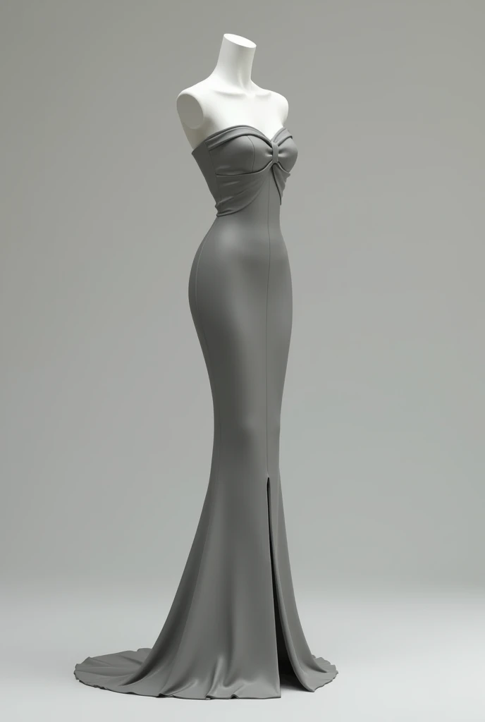 A mannequin wearing a navy to white gradient dress with puffed sleeves, with deep V-neckline and skirt with leg opening