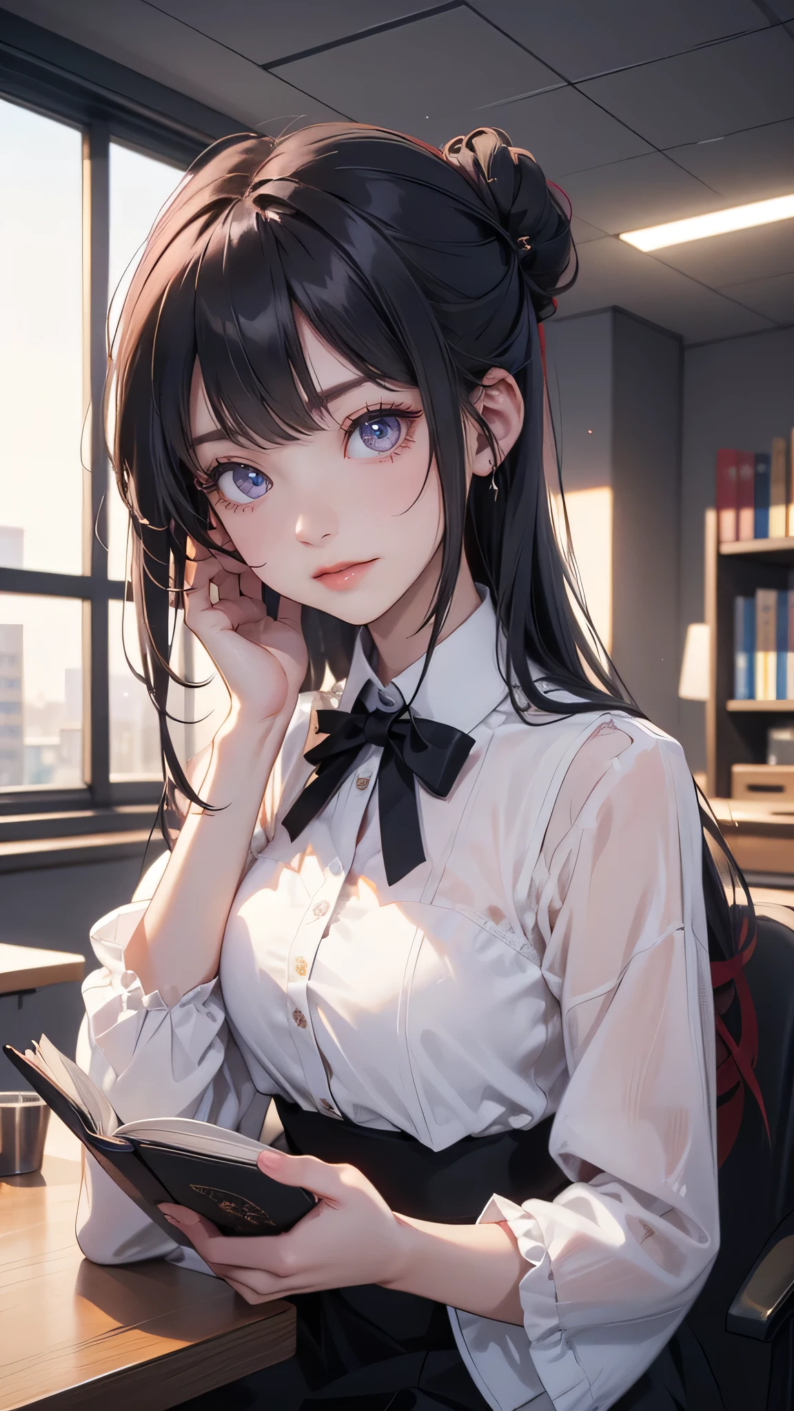 Upper body, masterpiece, high resolution, beautiful woman, 1lady sitting, reading a book, holding a mug, office worker outfit, /(black hair/) bangs, light smile, (masterpiece best quality:1.2) delicate illustration ultra-detailed BREAK /(modern office indoors/), (at dusk), (Black hair, twin bun), (Red inner hair), beautiful woman, smile face, looking at me ,smile, (high resolution face), (high resolution eyes),