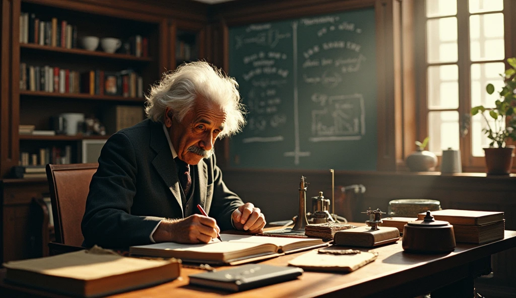 the scientist Albert Einstein, two fingers saying he is small, against the backdrop of a large dimly lit hall with imposing and ominous windows shrouded in fog, casting a mysterious and mystical atmosphere, as if the shadows themselves were about to reveal a sinister secret, with a warm, muted color palette of burnt oranges, faded golds, and dusty blues, evoking a sense of aged, forgotten knowledge, surrounded by scattered, dusty tomes and ancient scientific instruments, bathed in a warm, soft glow. vintage retrocore, daguerreotype,, photo, cinematic