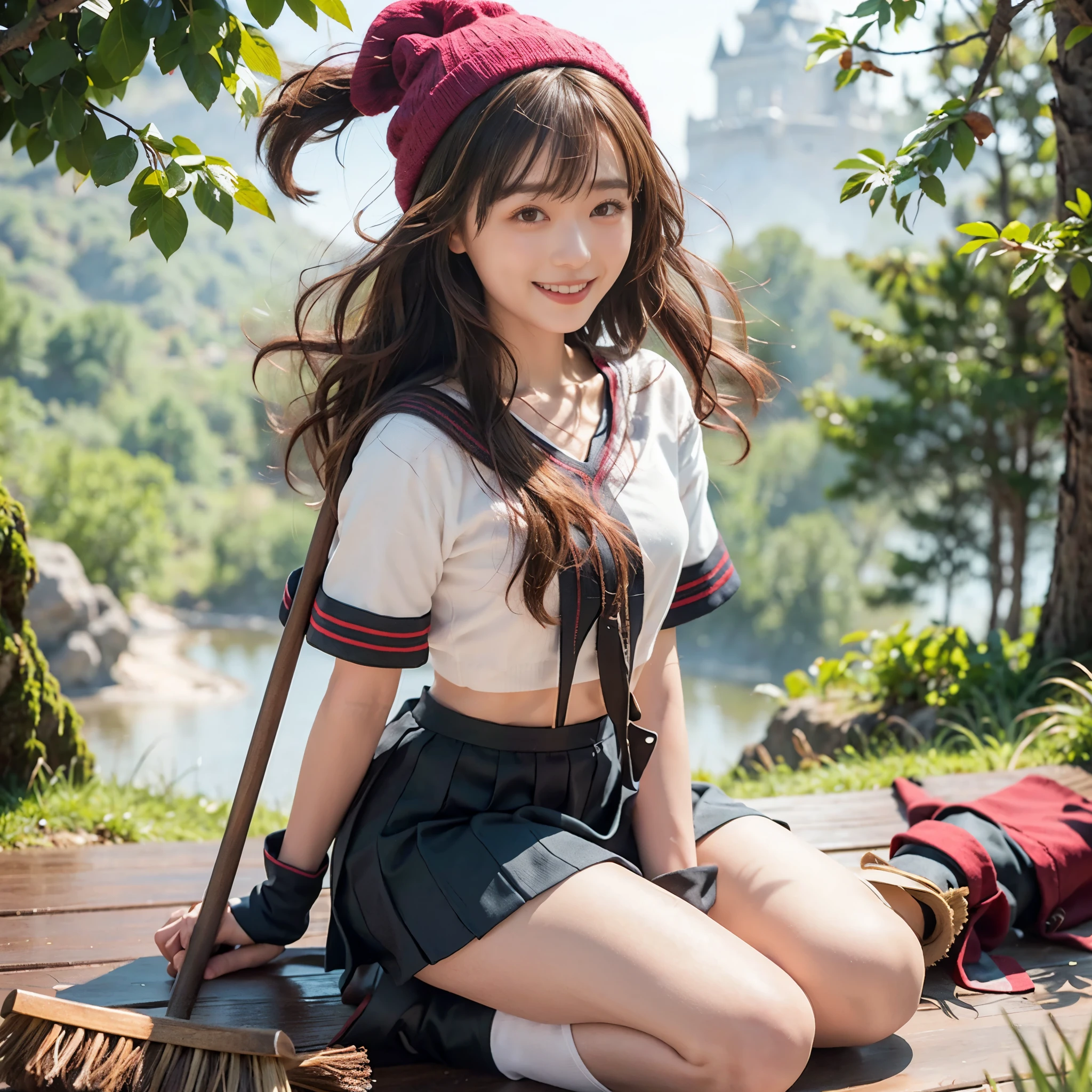 Female,Real people,v-neck,crop top,real photo,High school uniforms,Knitted hat,cute,smile,micro mini skirt,,Sitting,Brown wavy hair,Japanese people ,Sweeping the ground with a broom,, ,Castle on mountain, fog, deep forest,